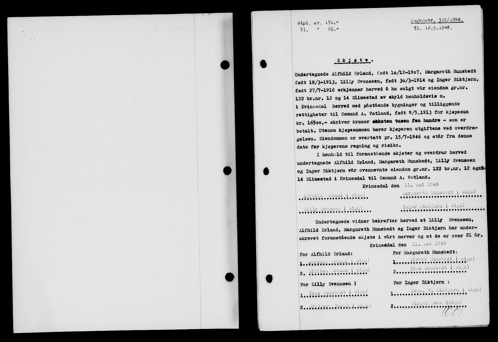 Flekkefjord sorenskriveri, SAK/1221-0001/G/Gb/Gba/L0063: Pantebok nr. A-11, 1947-1948, Dagboknr: 322/1948