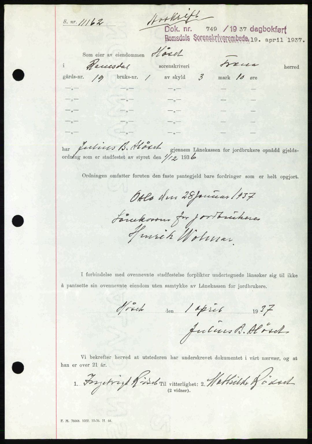 Romsdal sorenskriveri, SAT/A-4149/1/2/2C: Pantebok nr. B1, 1936-1939, Dagboknr: 749/1937
