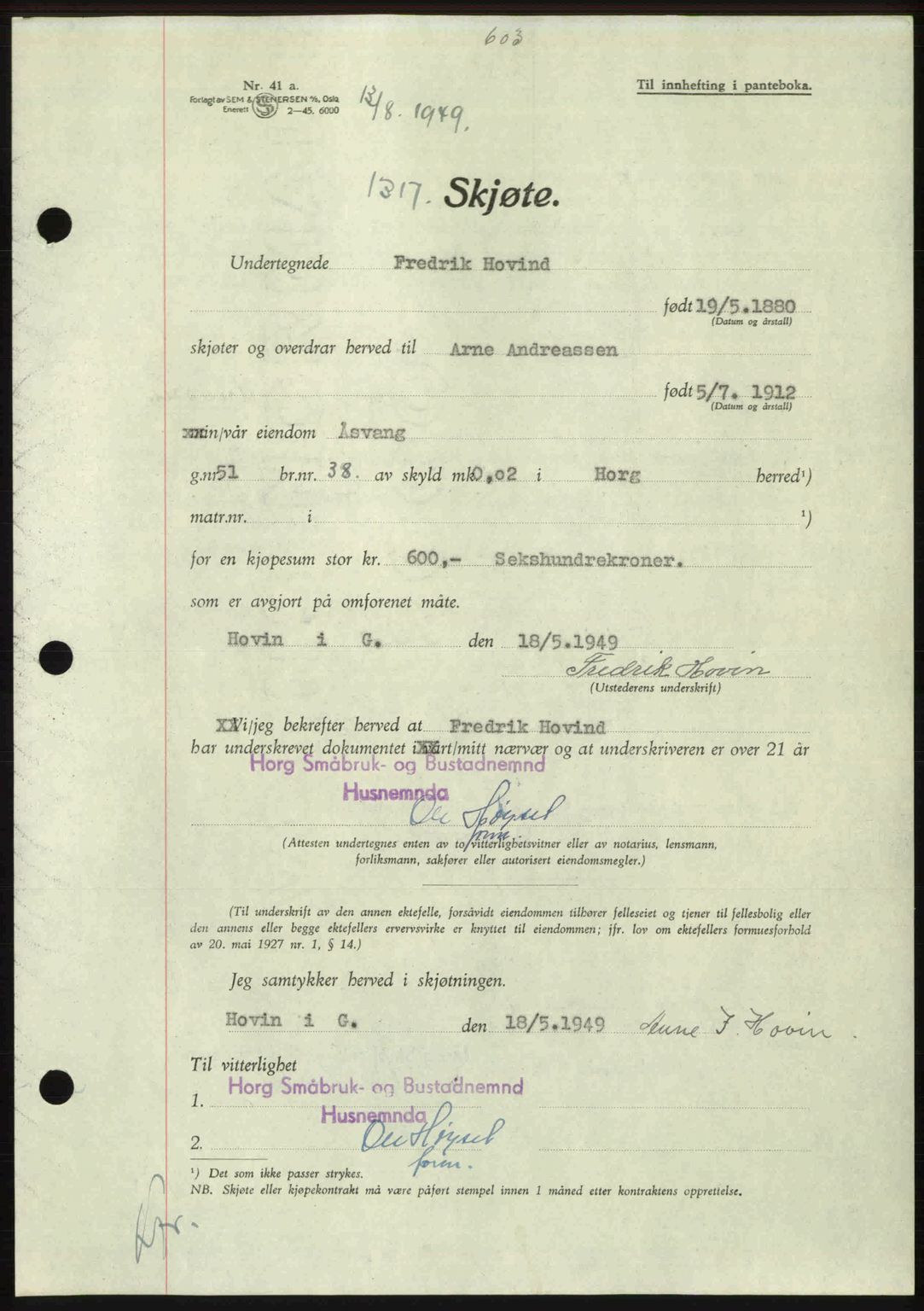 Gauldal sorenskriveri, SAT/A-0014/1/2/2C: Pantebok nr. A8, 1949-1949, Dagboknr: 1317/1949
