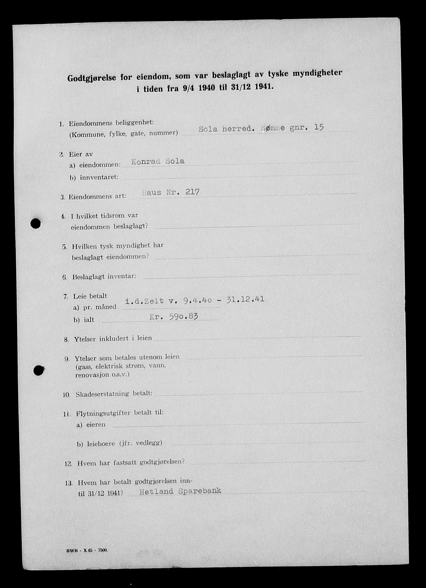 Justisdepartementet, Tilbakeføringskontoret for inndratte formuer, AV/RA-S-1564/I/L1015: Godtgjørelse for beslaglagt eiendom, 1940-1941, s. 242