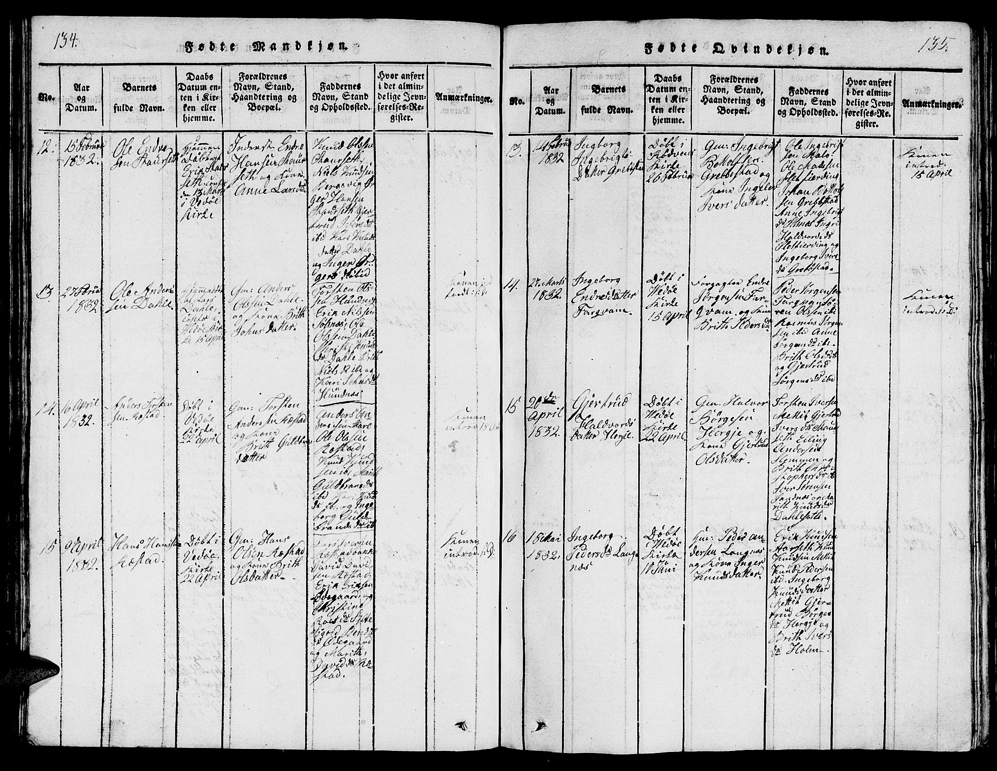 Ministerialprotokoller, klokkerbøker og fødselsregistre - Møre og Romsdal, AV/SAT-A-1454/547/L0610: Klokkerbok nr. 547C01, 1818-1839, s. 134-135