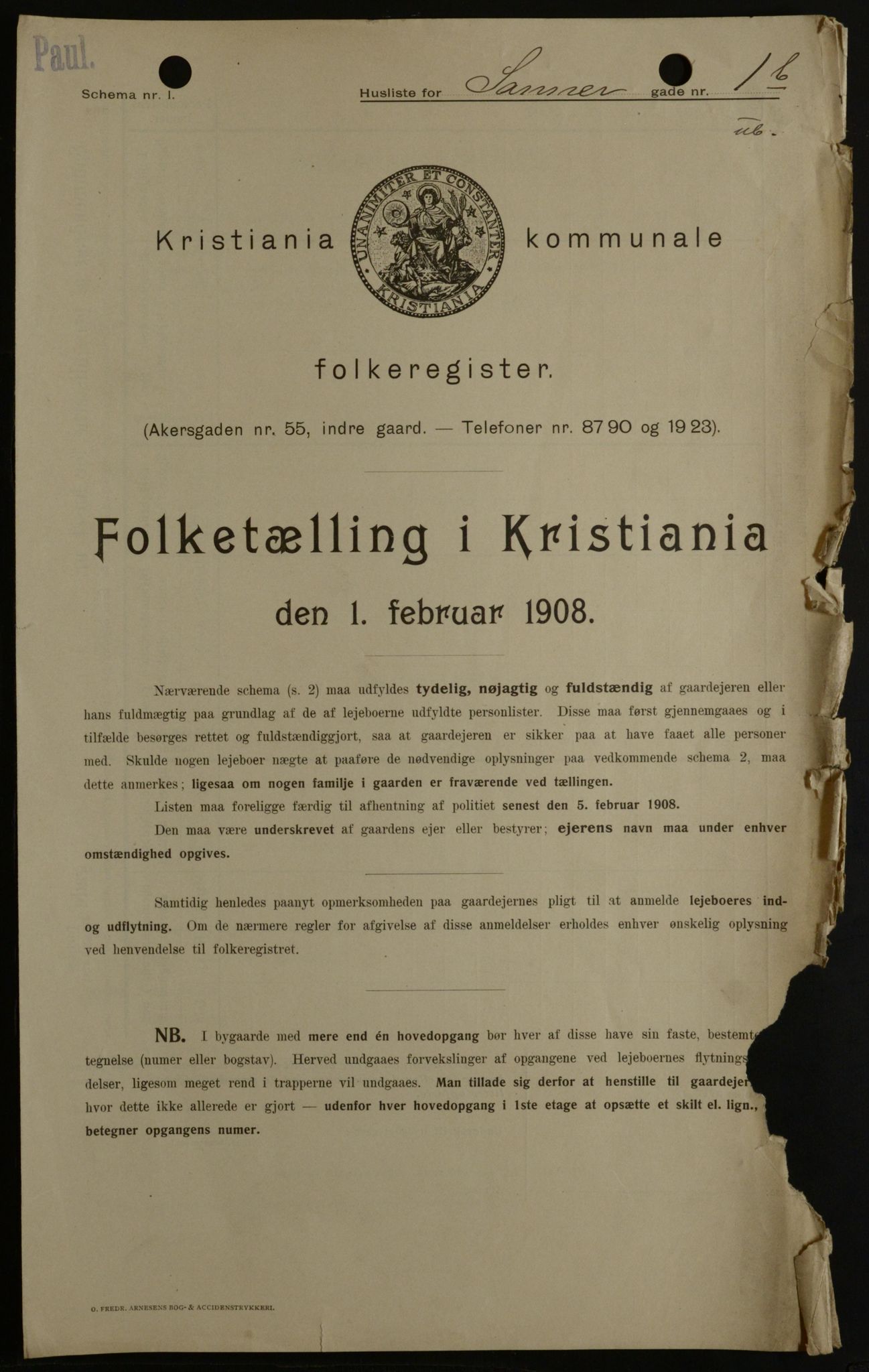 OBA, Kommunal folketelling 1.2.1908 for Kristiania kjøpstad, 1908, s. 79730