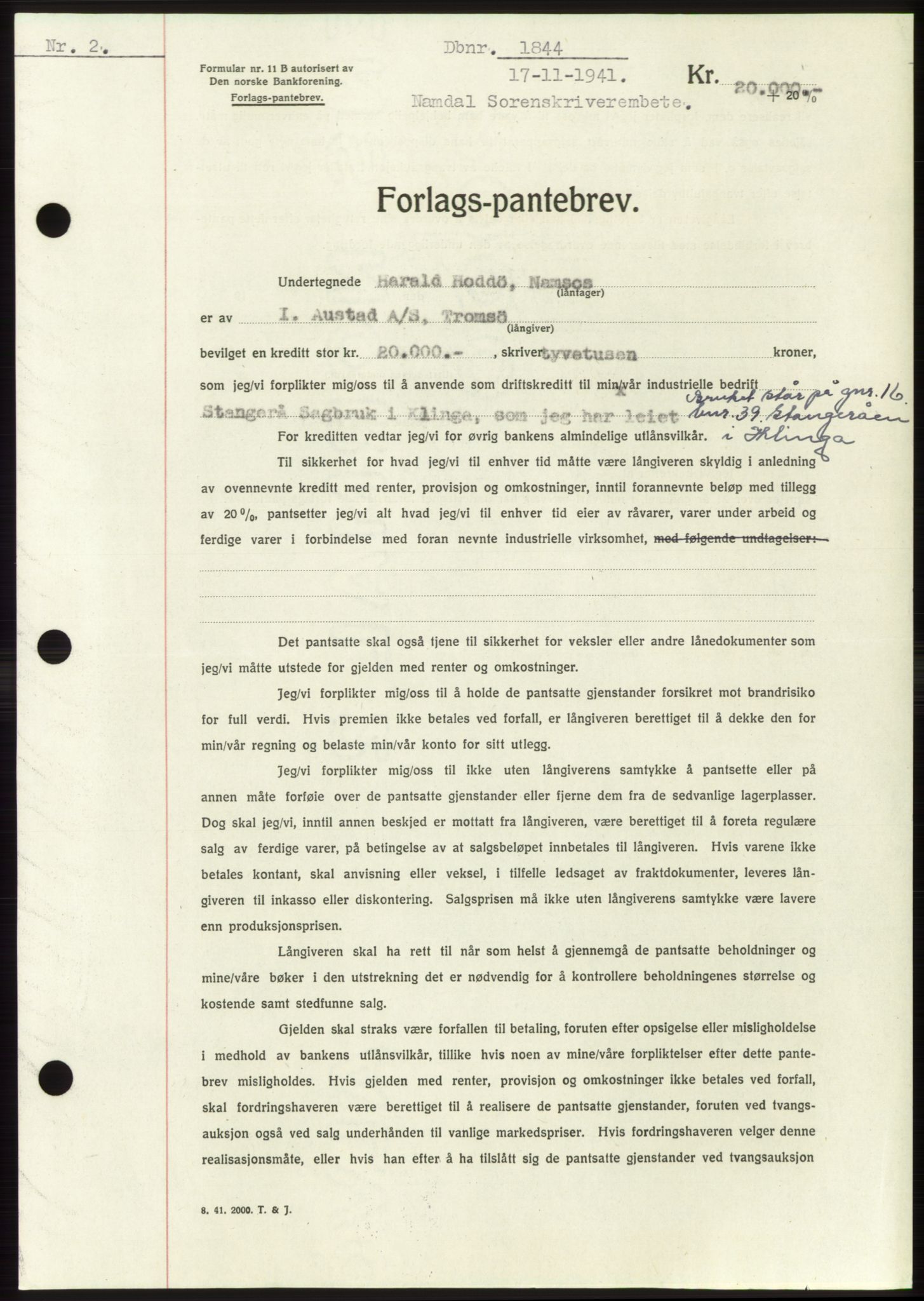 Namdal sorenskriveri, SAT/A-4133/1/2/2C: Pantebok nr. -, 1941-1942, Dagboknr: 1844/1941