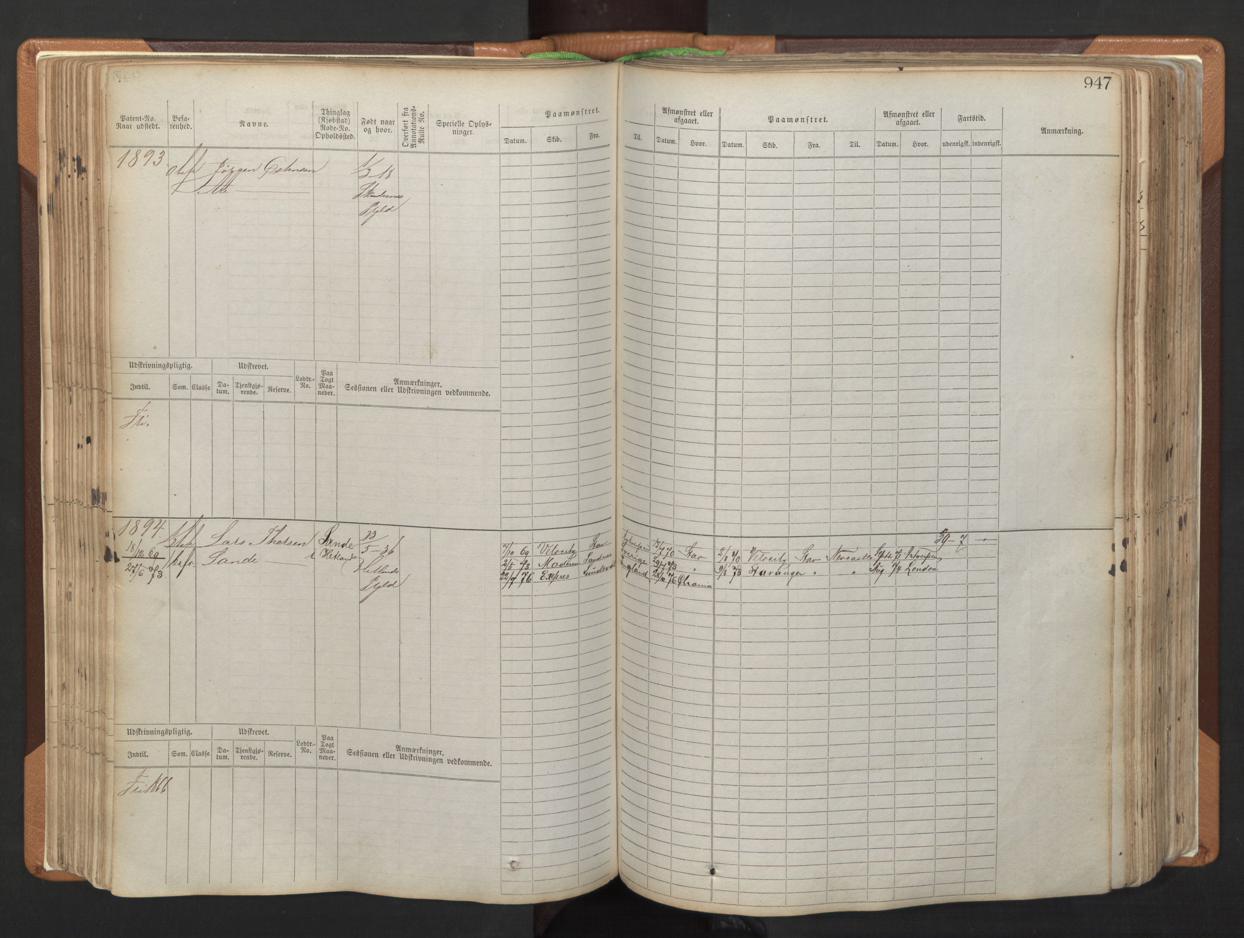 Stavanger sjømannskontor, AV/SAST-A-102006/F/Fb/Fbb/L0006: Sjøfartshovedrulle, patentnr. 1607-2402 (del 3), 1869-1880, s. 147