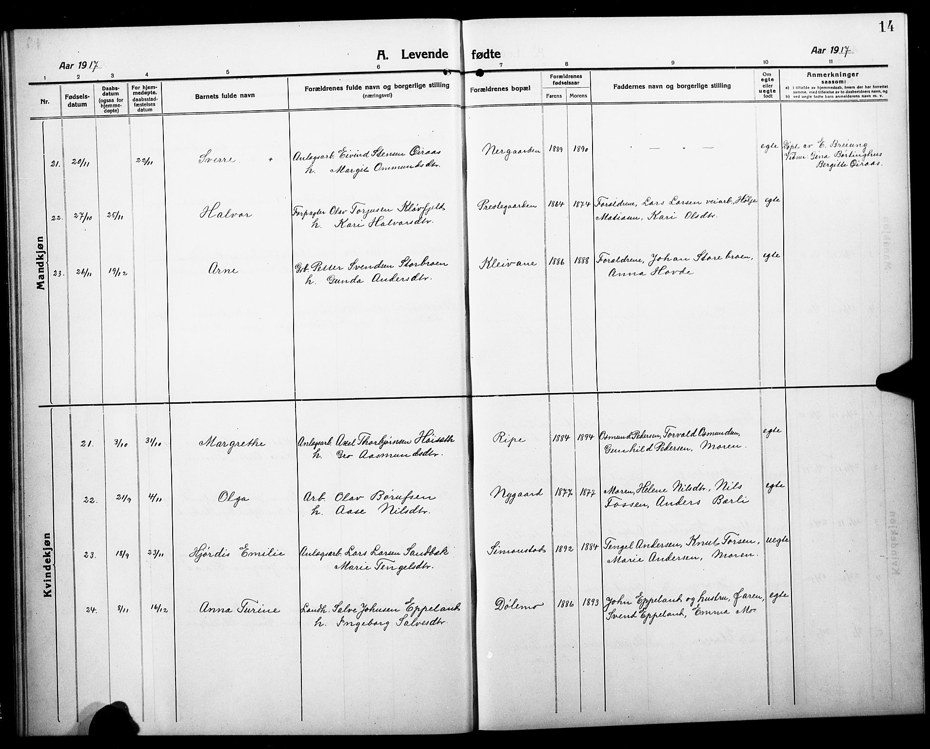Åmli sokneprestkontor, AV/SAK-1111-0050/F/Fb/Fbc/L0006: Klokkerbok nr. B 6, 1915-1929, s. 14