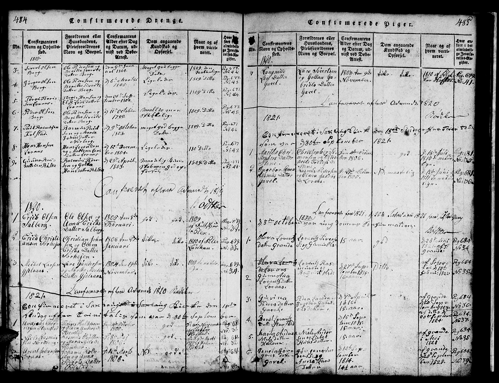 Ministerialprotokoller, klokkerbøker og fødselsregistre - Nord-Trøndelag, AV/SAT-A-1458/731/L0310: Klokkerbok nr. 731C01, 1816-1874, s. 484-485