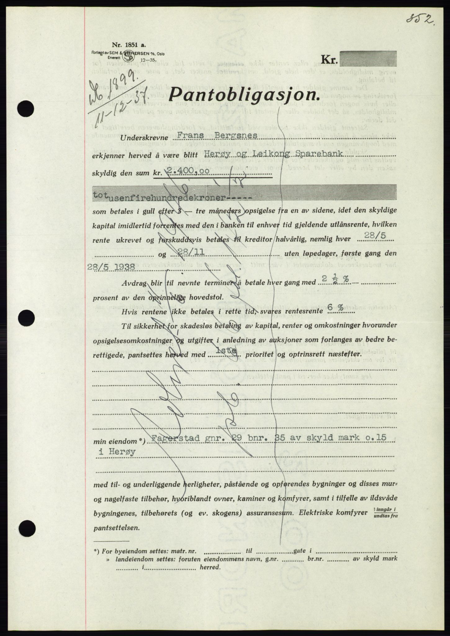 Søre Sunnmøre sorenskriveri, AV/SAT-A-4122/1/2/2C/L0064: Pantebok nr. 58, 1937-1938, Dagboknr: 1899/1937