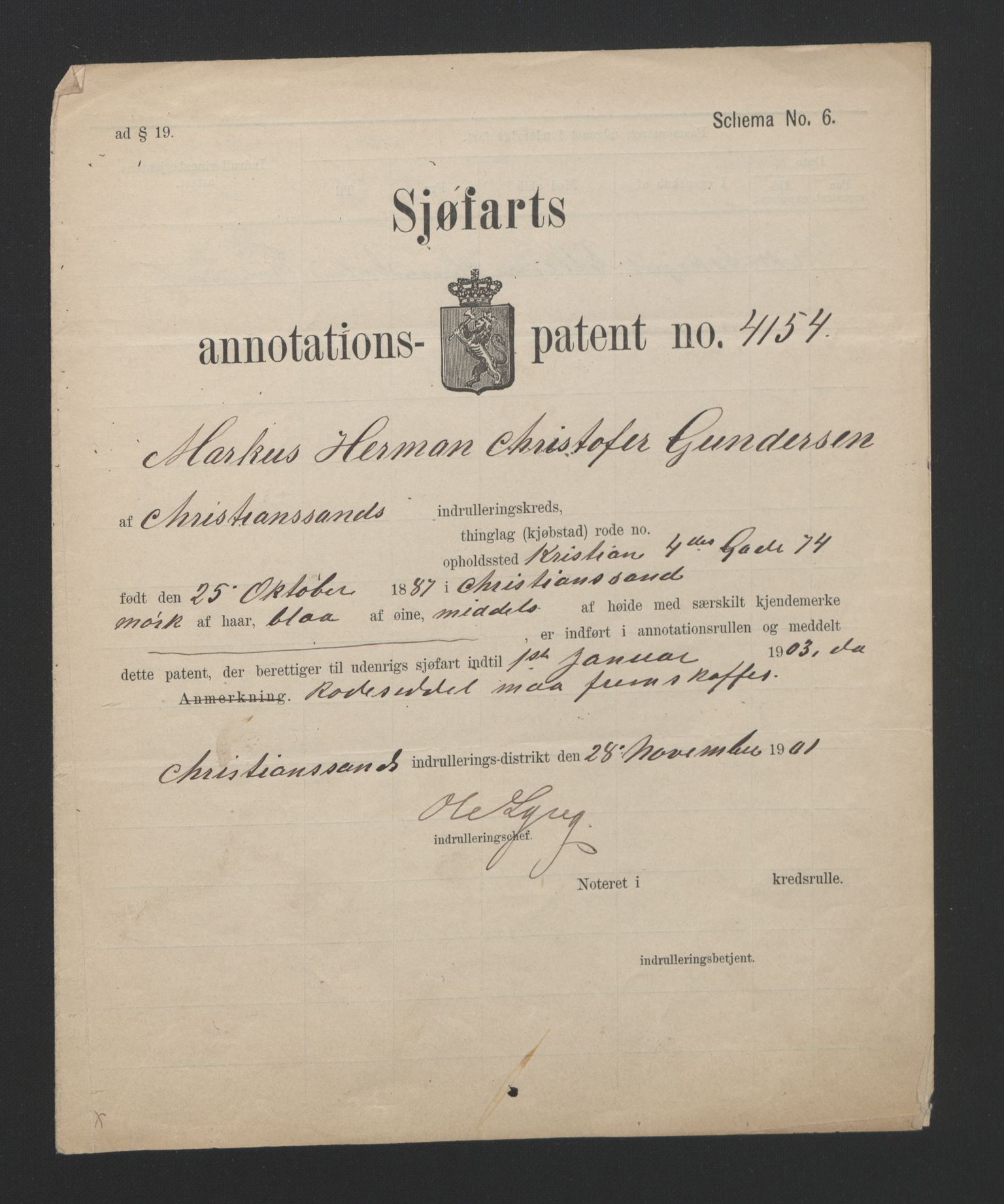 Kristiansand mønstringskrets, SAK/2031-0015/F/Fa/L0007: Annotasjonsrulle nr 3831-6645, I-5, 1898-1920, s. 111