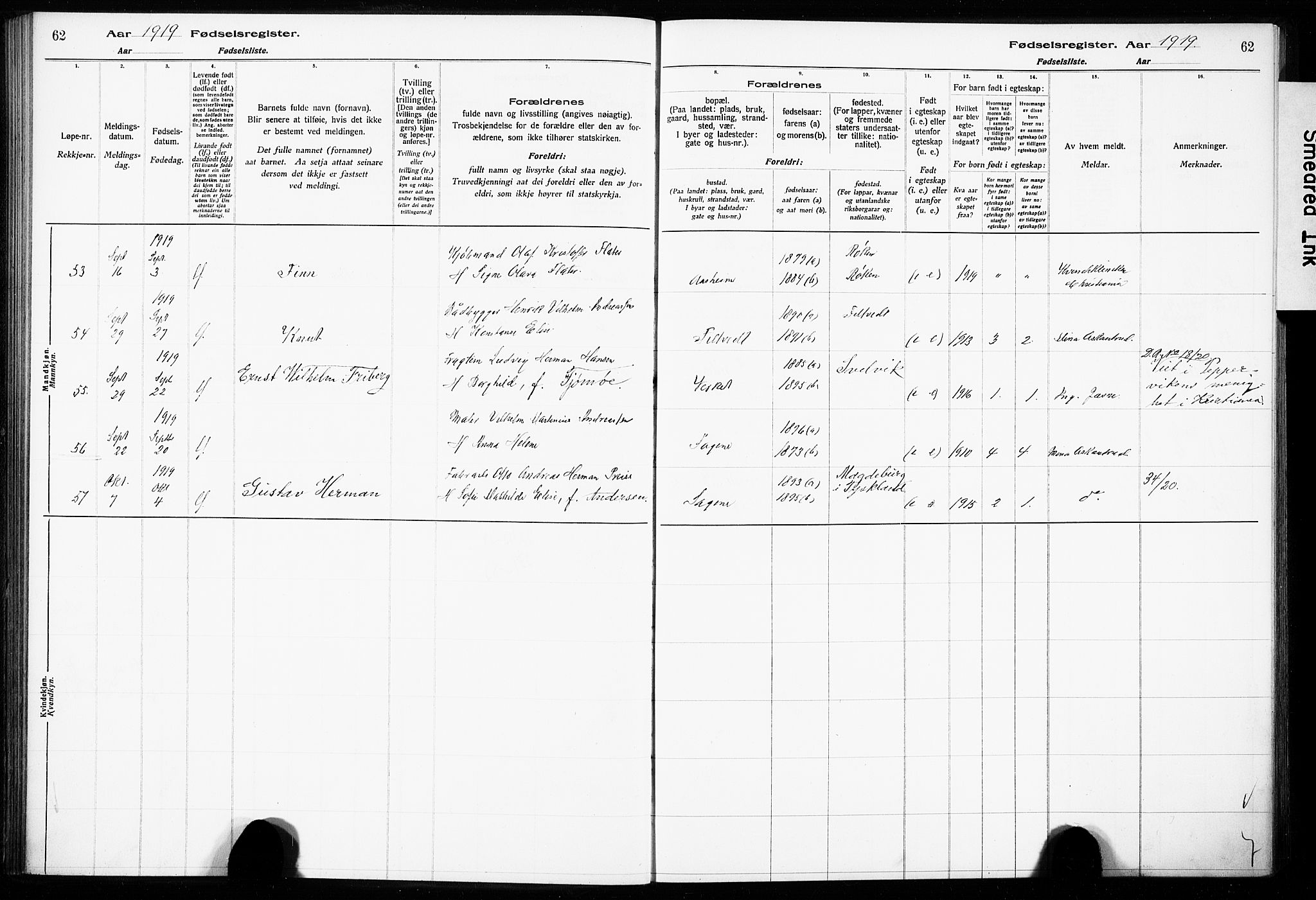 Hurum kirkebøker, AV/SAKO-A-229/J/Ja/L0001: Fødselsregister nr. 1, 1916-1928, s. 62