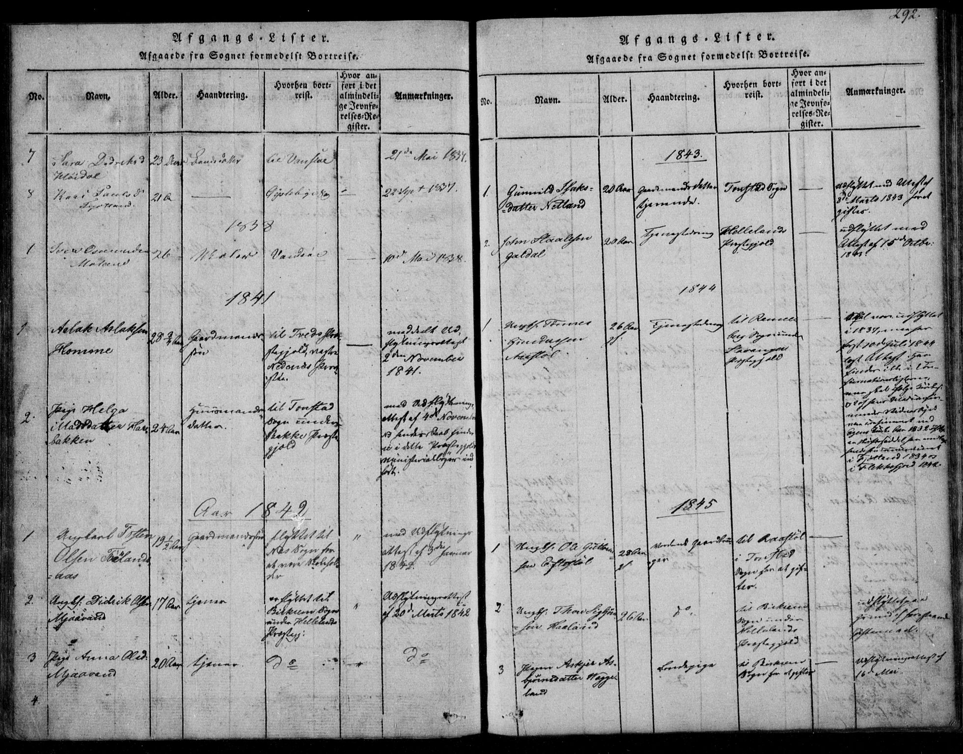 Fjotland sokneprestkontor, SAK/1111-0010/F/Fb/L0001: Klokkerbok nr. B 1, 1816-1849, s. 292