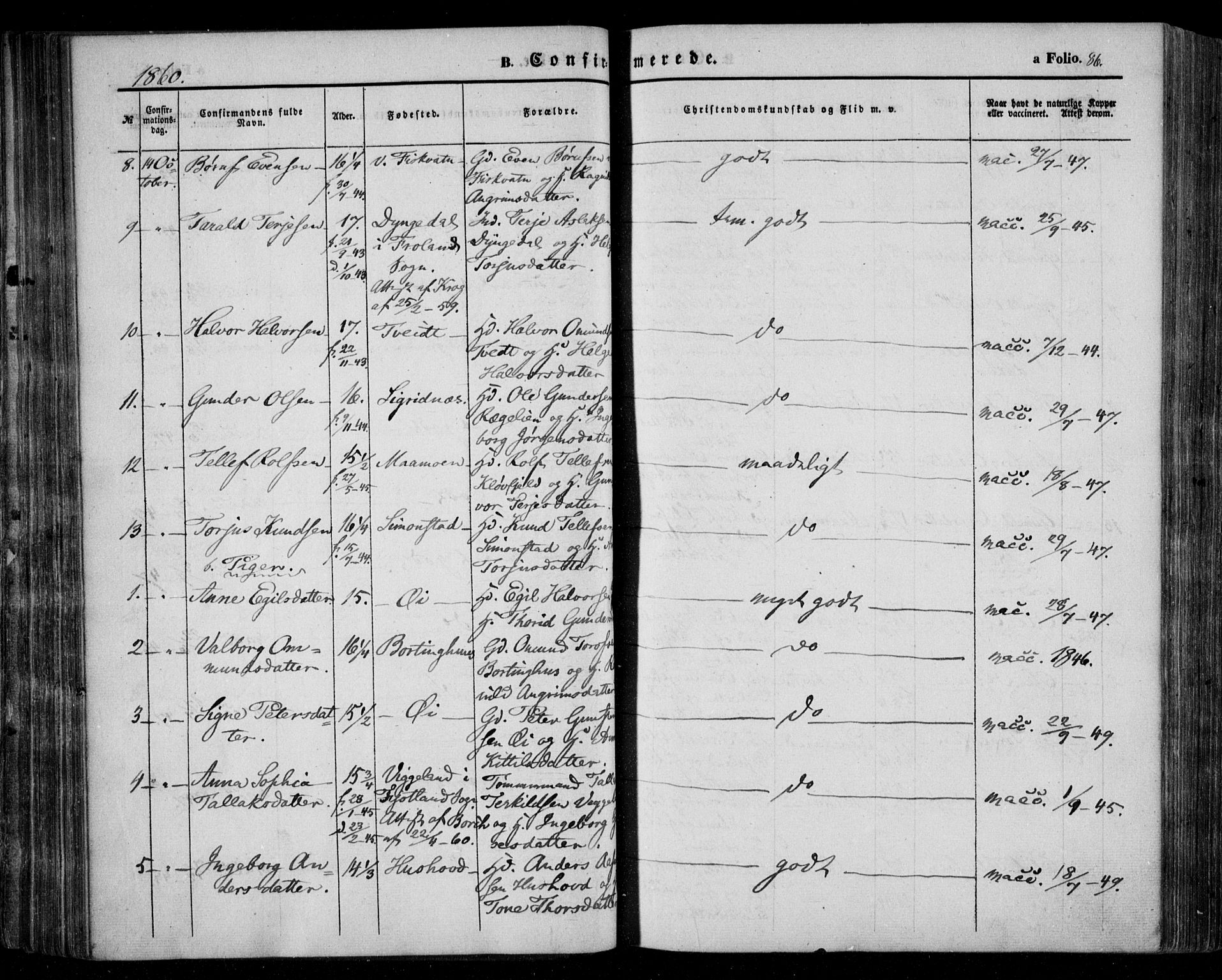 Åmli sokneprestkontor, AV/SAK-1111-0050/F/Fa/Fac/L0008: Ministerialbok nr. A 8, 1852-1869, s. 86