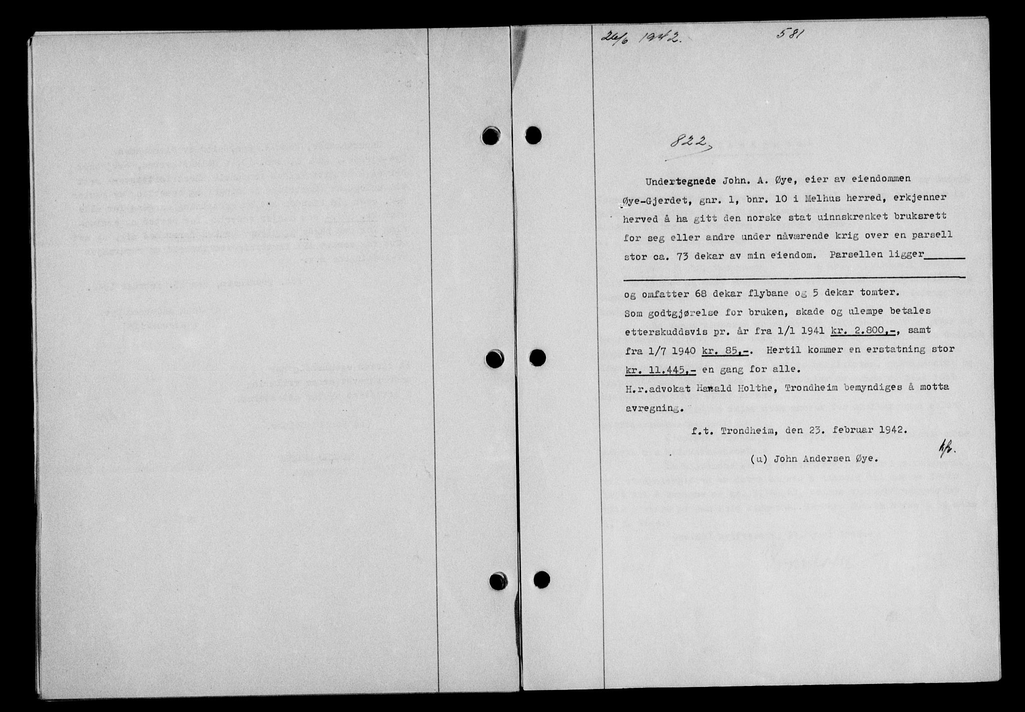 Gauldal sorenskriveri, SAT/A-0014/1/2/2C/L0054: Pantebok nr. 59, 1941-1942, Dagboknr: 822/1942