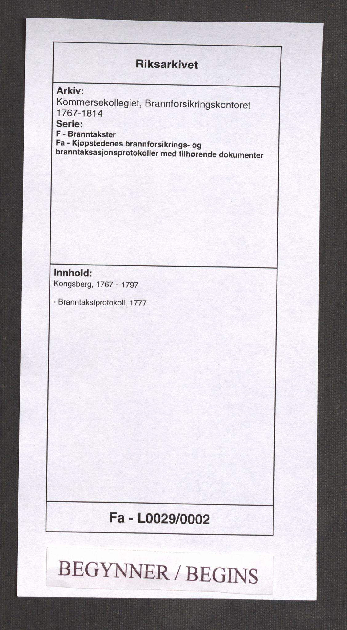 Kommersekollegiet, Brannforsikringskontoret 1767-1814, AV/RA-EA-5458/F/Fa/L0029/0002: Kongsberg / Branntakstprotokoll, 1777