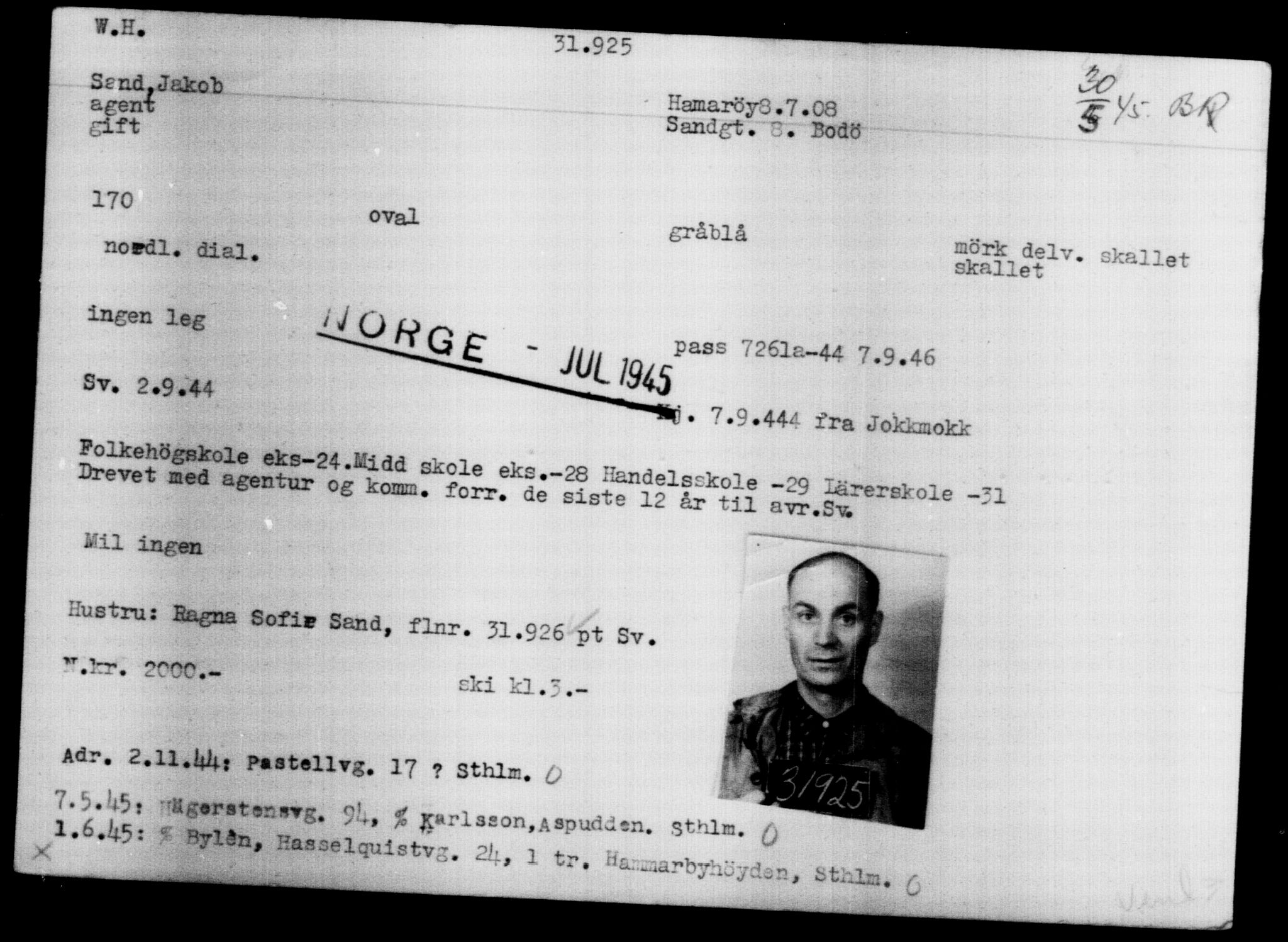 Utenriksstasjonene, Legasjonen i Stockholm, Flyktningkontoret, AV/RA-S-6753/V/Va/L0013: Kjesäterkartoteket, flyktninger med registreringsnr. 31500-34731, 1940-1945, s. 473