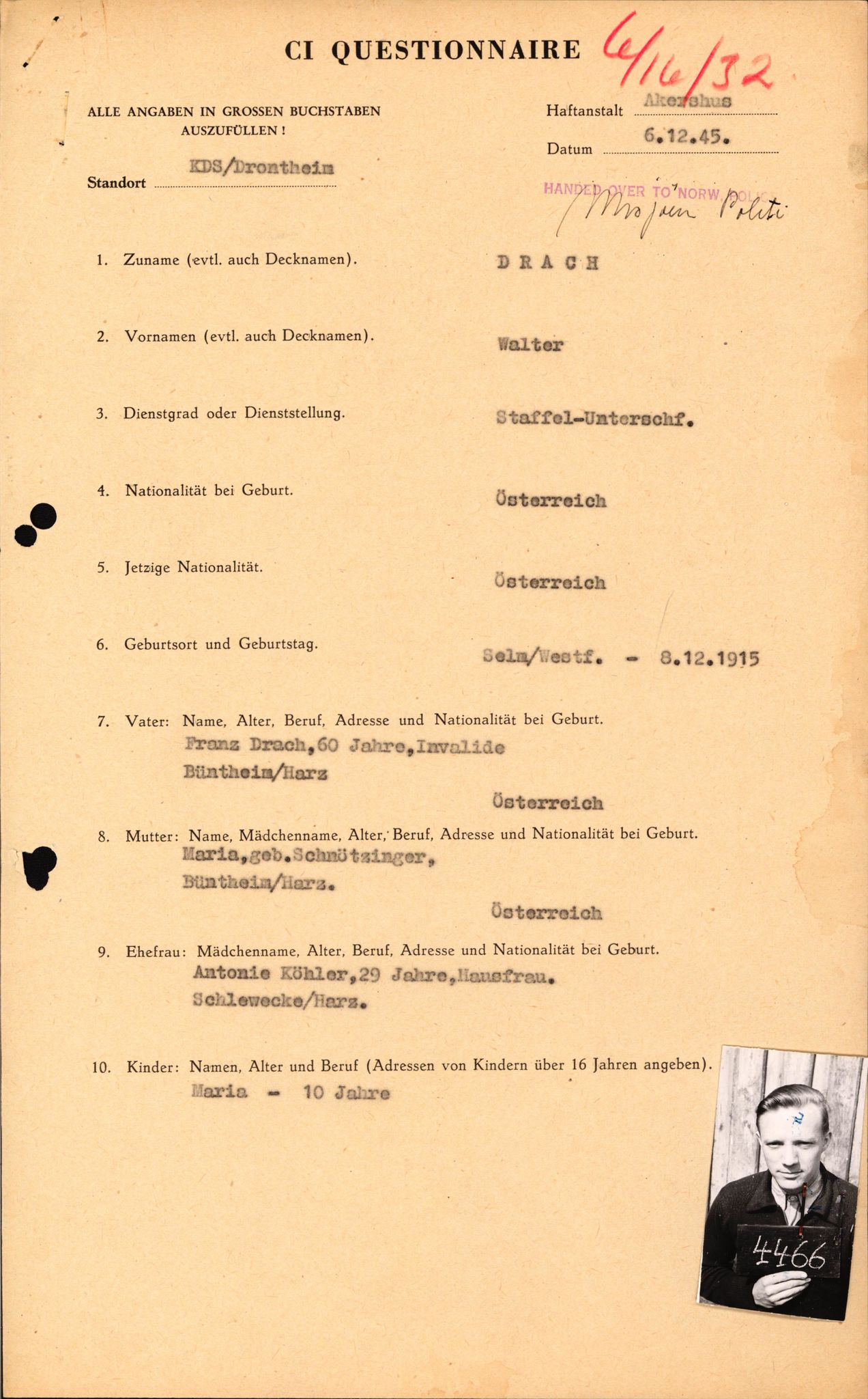 Forsvaret, Forsvarets overkommando II, RA/RAFA-3915/D/Db/L0038: CI Questionaires. Tyske okkupasjonsstyrker i Norge. Østerrikere., 1945-1946, s. 239