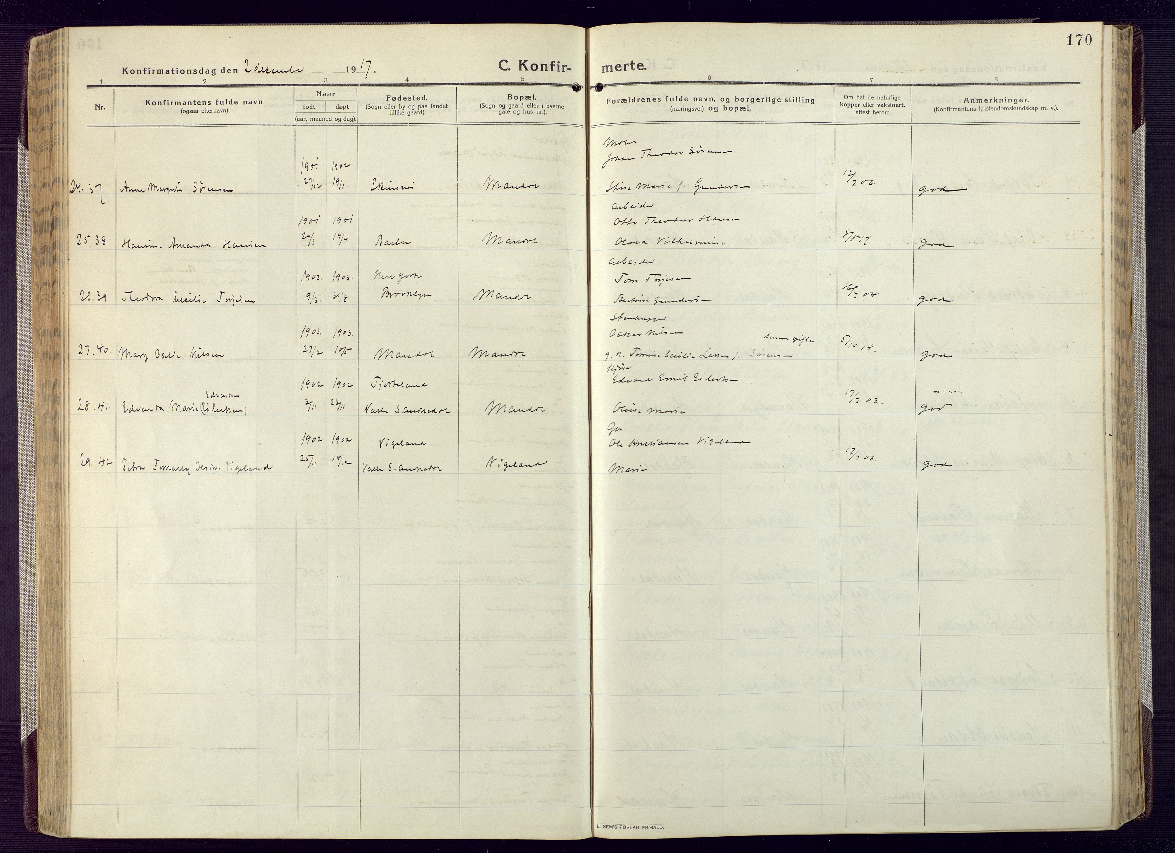 Mandal sokneprestkontor, SAK/1111-0030/F/Fa/Fac/L0001: Ministerialbok nr. A 1, 1913-1925, s. 170