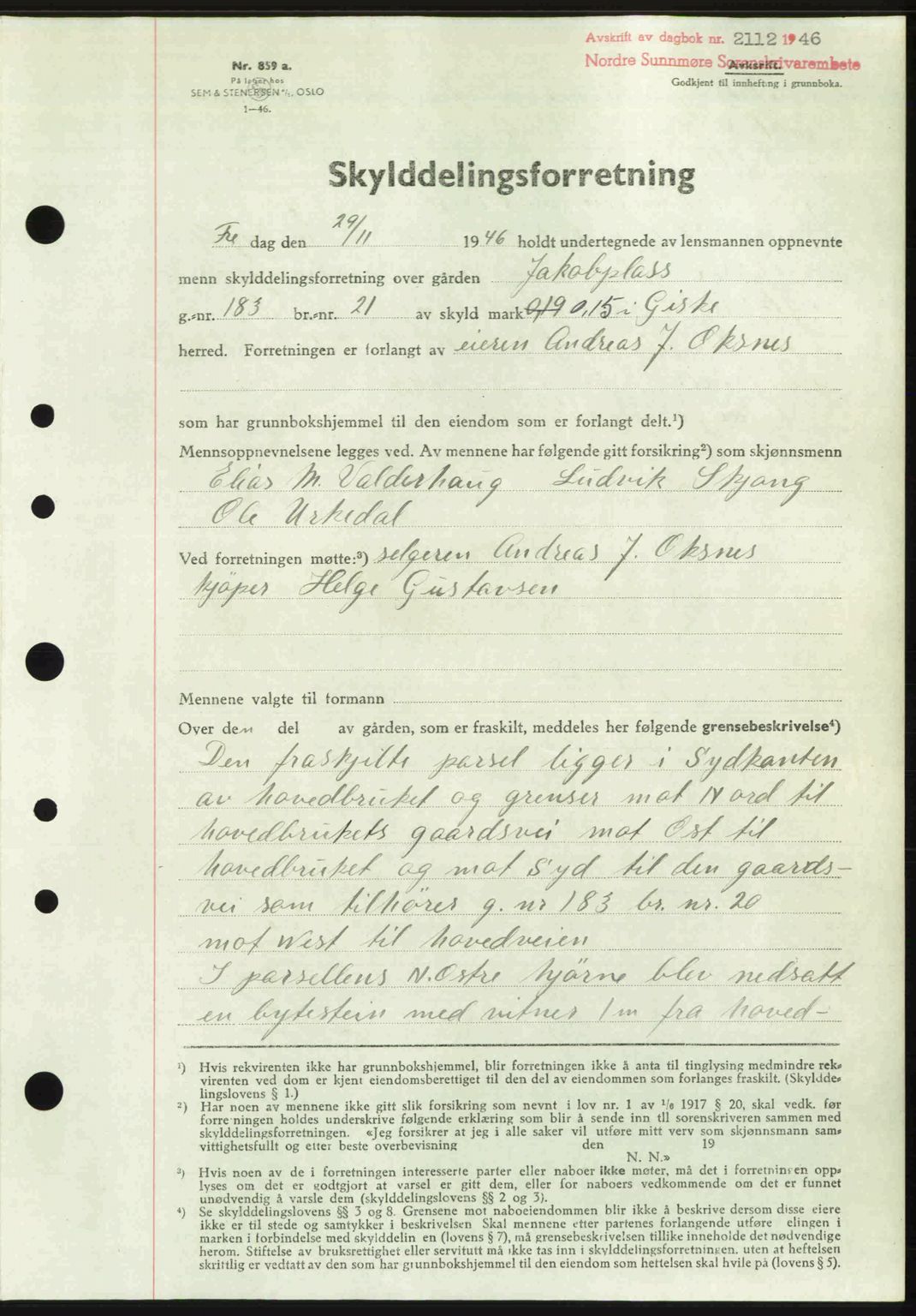 Nordre Sunnmøre sorenskriveri, AV/SAT-A-0006/1/2/2C/2Ca: Pantebok nr. A23, 1946-1947, Dagboknr: 2112/1946