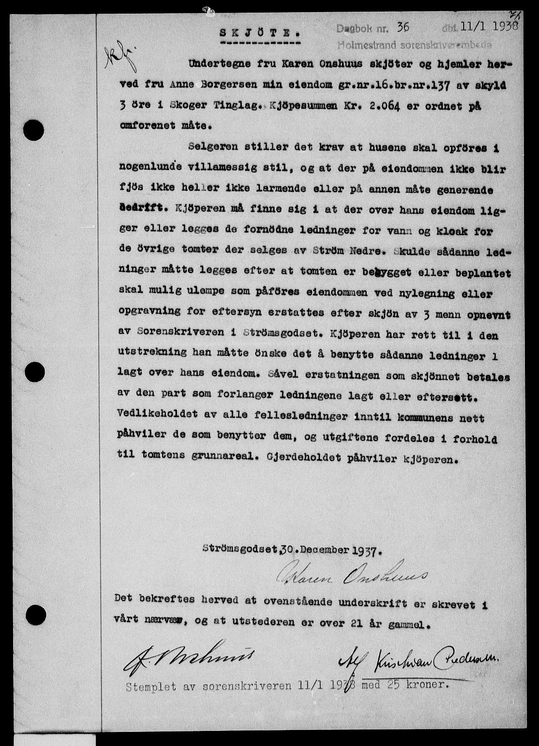Holmestrand sorenskriveri, SAKO/A-67/G/Ga/Gaa/L0049: Pantebok nr. A-49, 1937-1938, Dagboknr: 36/1938