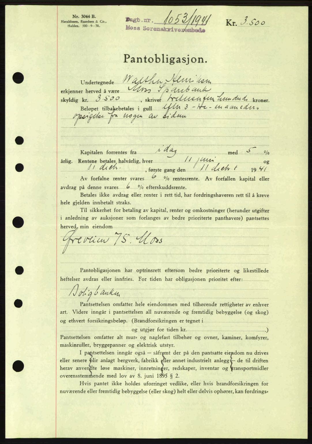 Moss sorenskriveri, SAO/A-10168: Pantebok nr. B10, 1940-1941, Dagboknr: 1053/1941