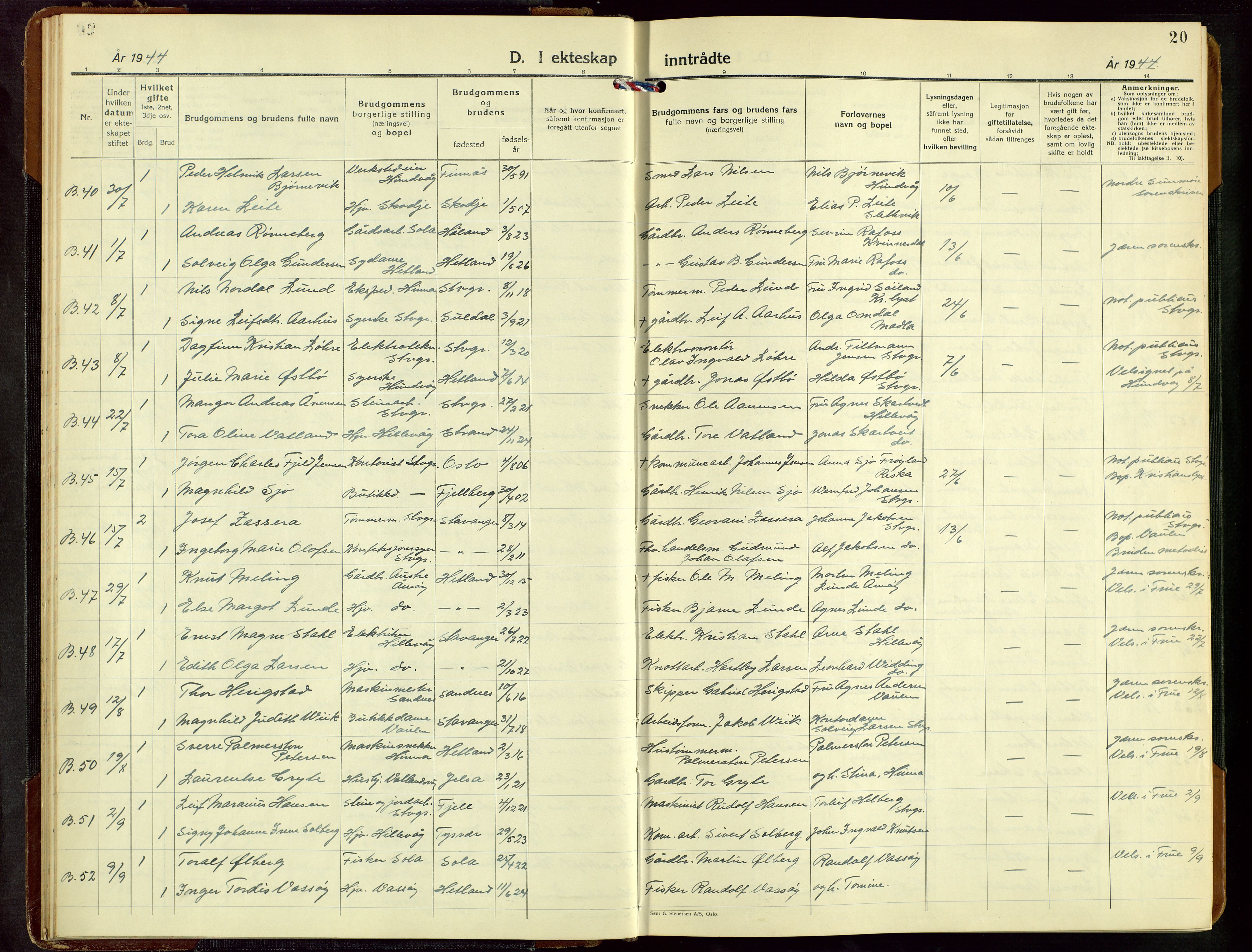 Hetland sokneprestkontor, AV/SAST-A-101826/30/30BB/L0016: Klokkerbok nr. B 16, 1942-1960, s. 20