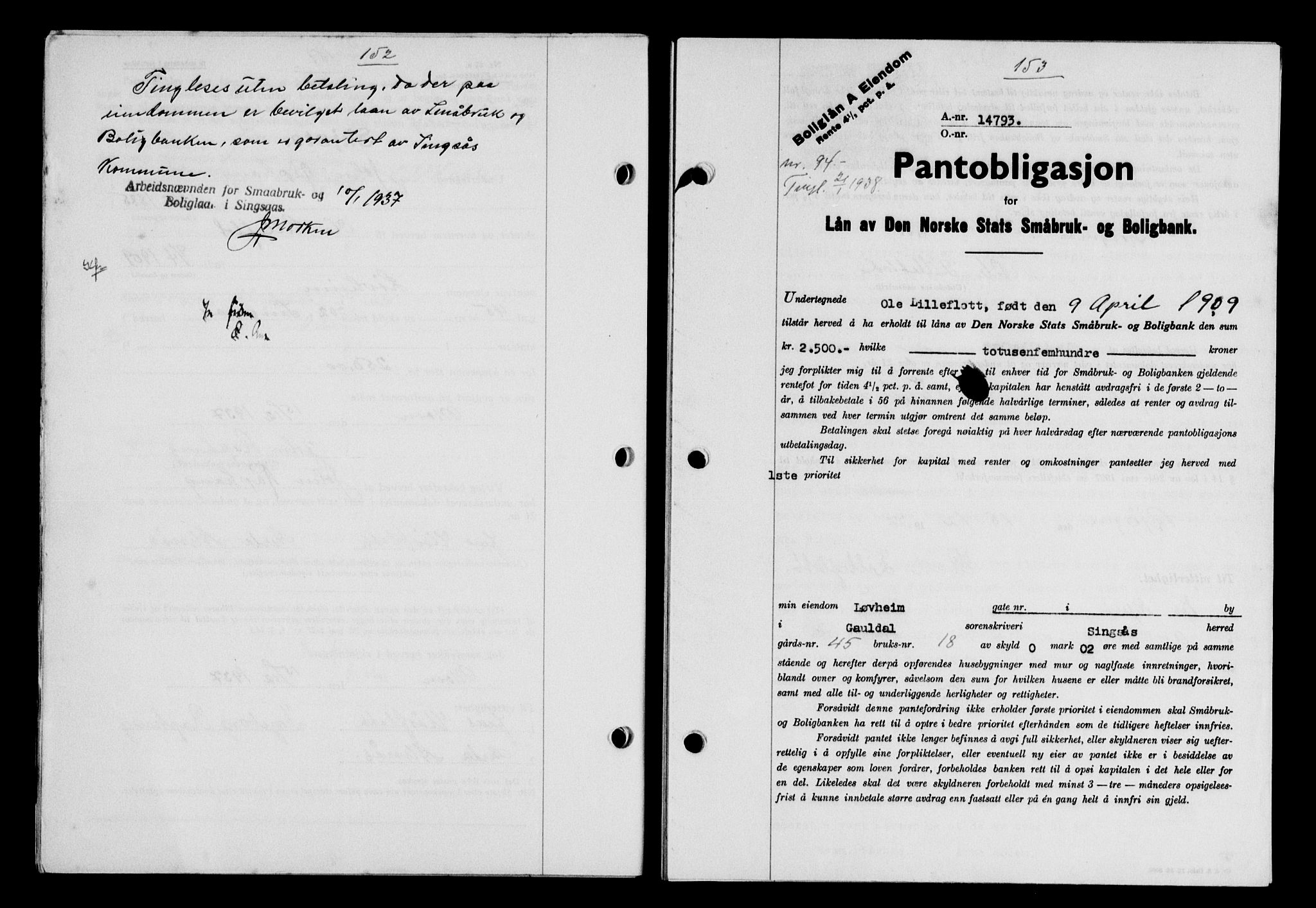 Gauldal sorenskriveri, SAT/A-0014/1/2/2C/L0048: Pantebok nr. 51-52, 1937-1938, s. 152-153, Dagboknr: 94/1938