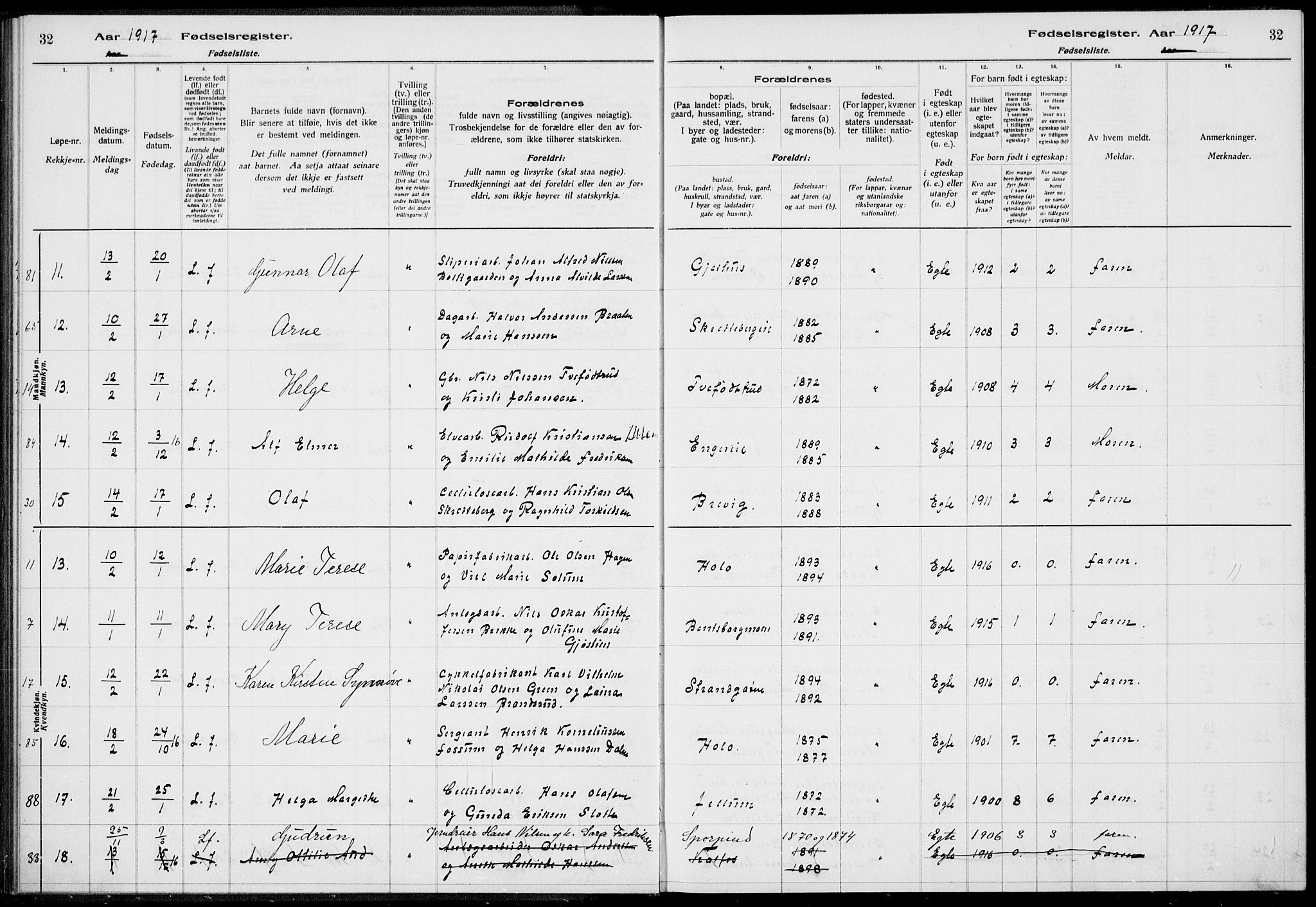 Modum kirkebøker, AV/SAKO-A-234/J/Ja/L0001: Fødselsregister nr. I 1, 1916-1923, s. 32