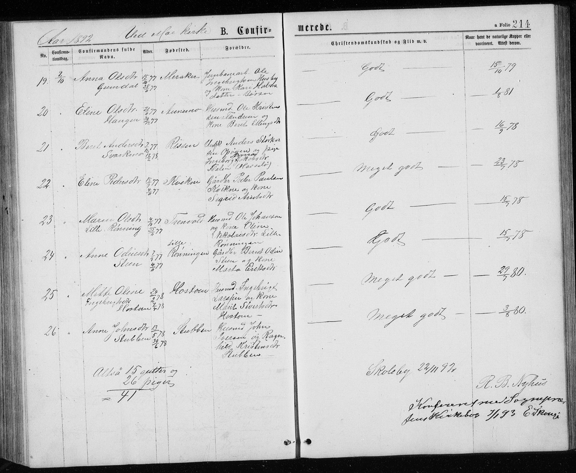 Ministerialprotokoller, klokkerbøker og fødselsregistre - Sør-Trøndelag, SAT/A-1456/671/L0843: Klokkerbok nr. 671C02, 1873-1892, s. 214