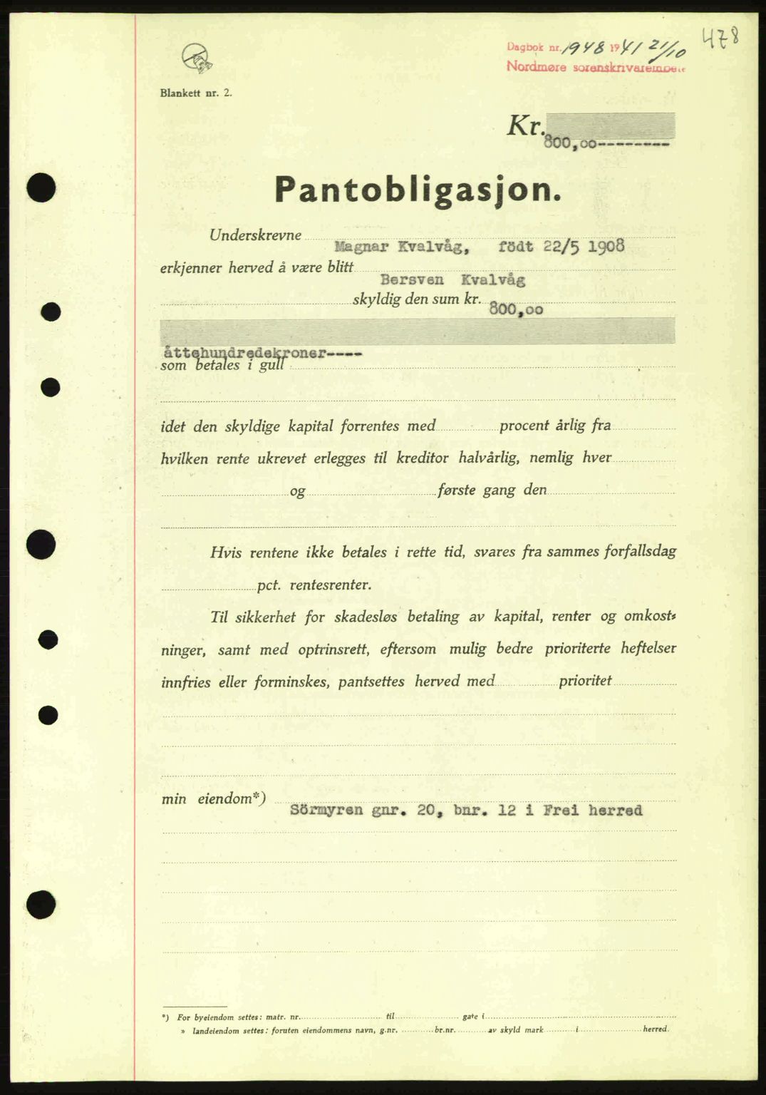 Nordmøre sorenskriveri, SAT/A-4132/1/2/2Ca: Pantebok nr. B88, 1941-1942, Dagboknr: 1948/1941