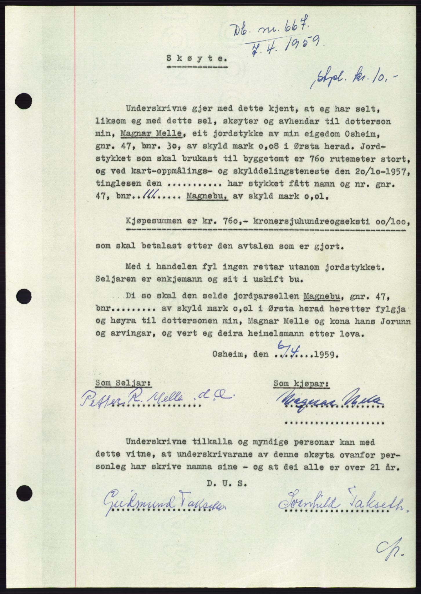 Søre Sunnmøre sorenskriveri, SAT/A-4122/1/2/2C/L0112: Pantebok nr. 38A, 1959-1959, Dagboknr: 667/1959