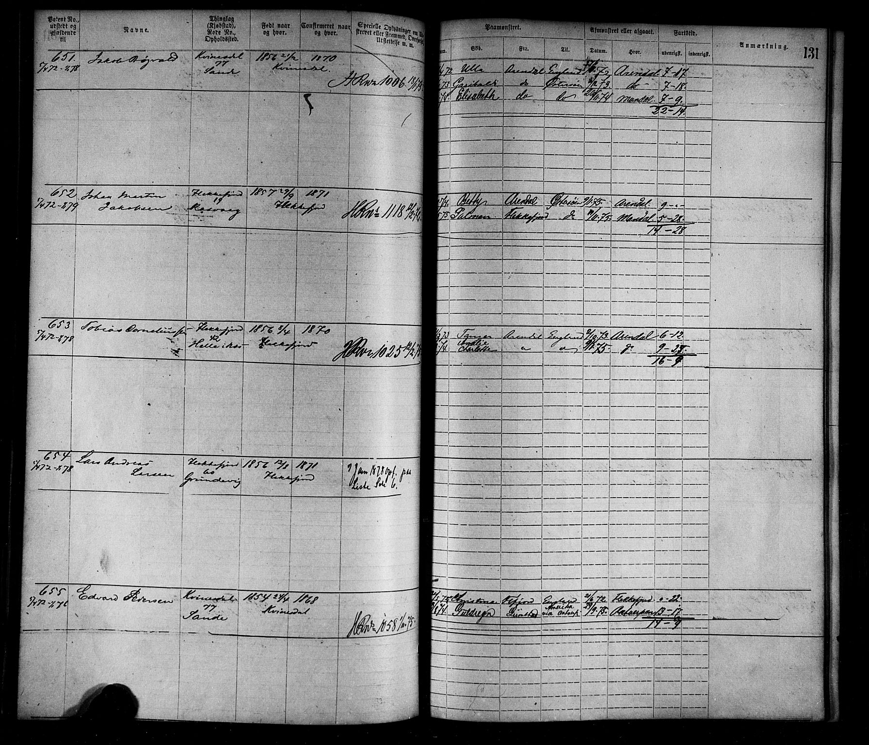 Flekkefjord mønstringskrets, SAK/2031-0018/F/Fa/L0002: Annotasjonsrulle nr 1-1920 med register, N-2, 1870-1891, s. 155