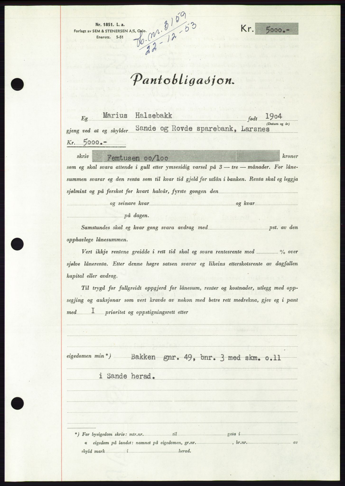 Søre Sunnmøre sorenskriveri, AV/SAT-A-4122/1/2/2C/L0124: Pantebok nr. 12B, 1953-1954, Dagboknr: 3159/1953