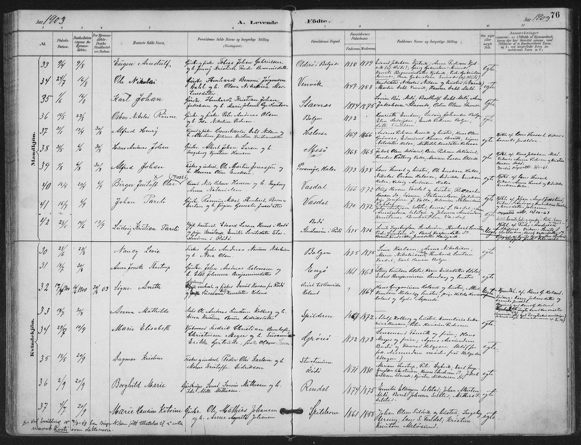 Ministerialprotokoller, klokkerbøker og fødselsregistre - Nordland, AV/SAT-A-1459/843/L0628: Ministerialbok nr. 843A03, 1889-1907, s. 76