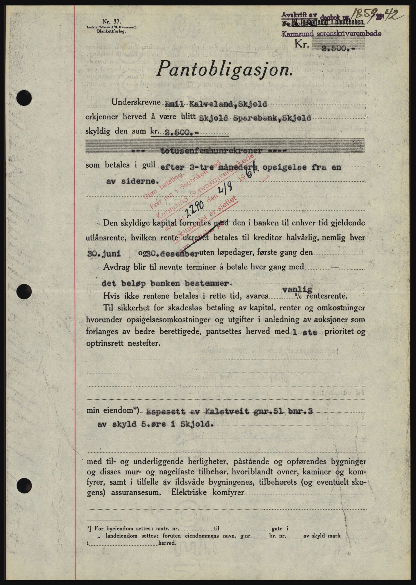 Karmsund sorenskriveri, SAST/A-100311/01/II/IIBBE/L0008: Pantebok nr. B 54, 1942-1943, Dagboknr: 1859/1942
