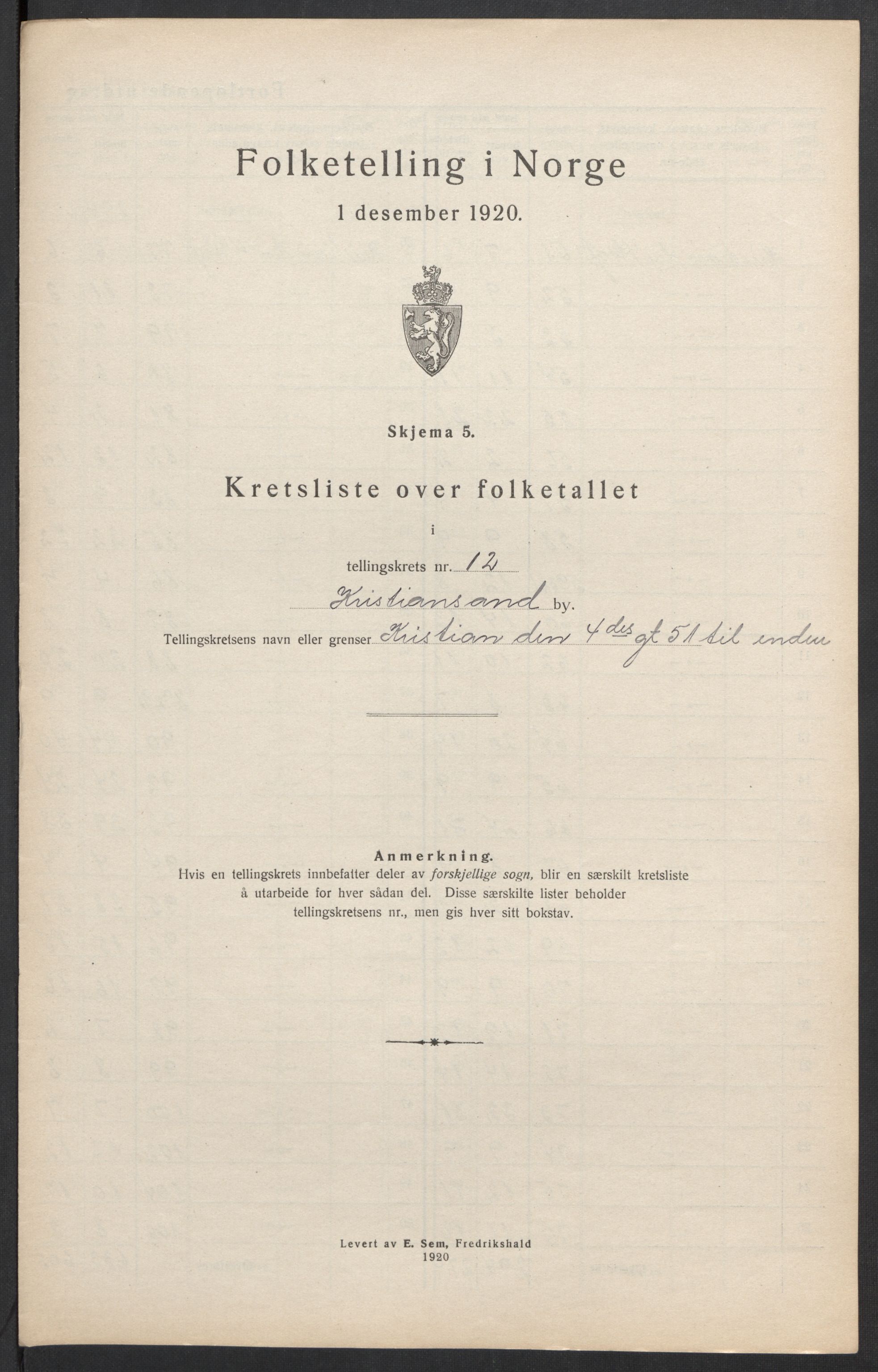 SAK, Folketelling 1920 for 1001 Kristiansand kjøpstad, 1920, s. 122
