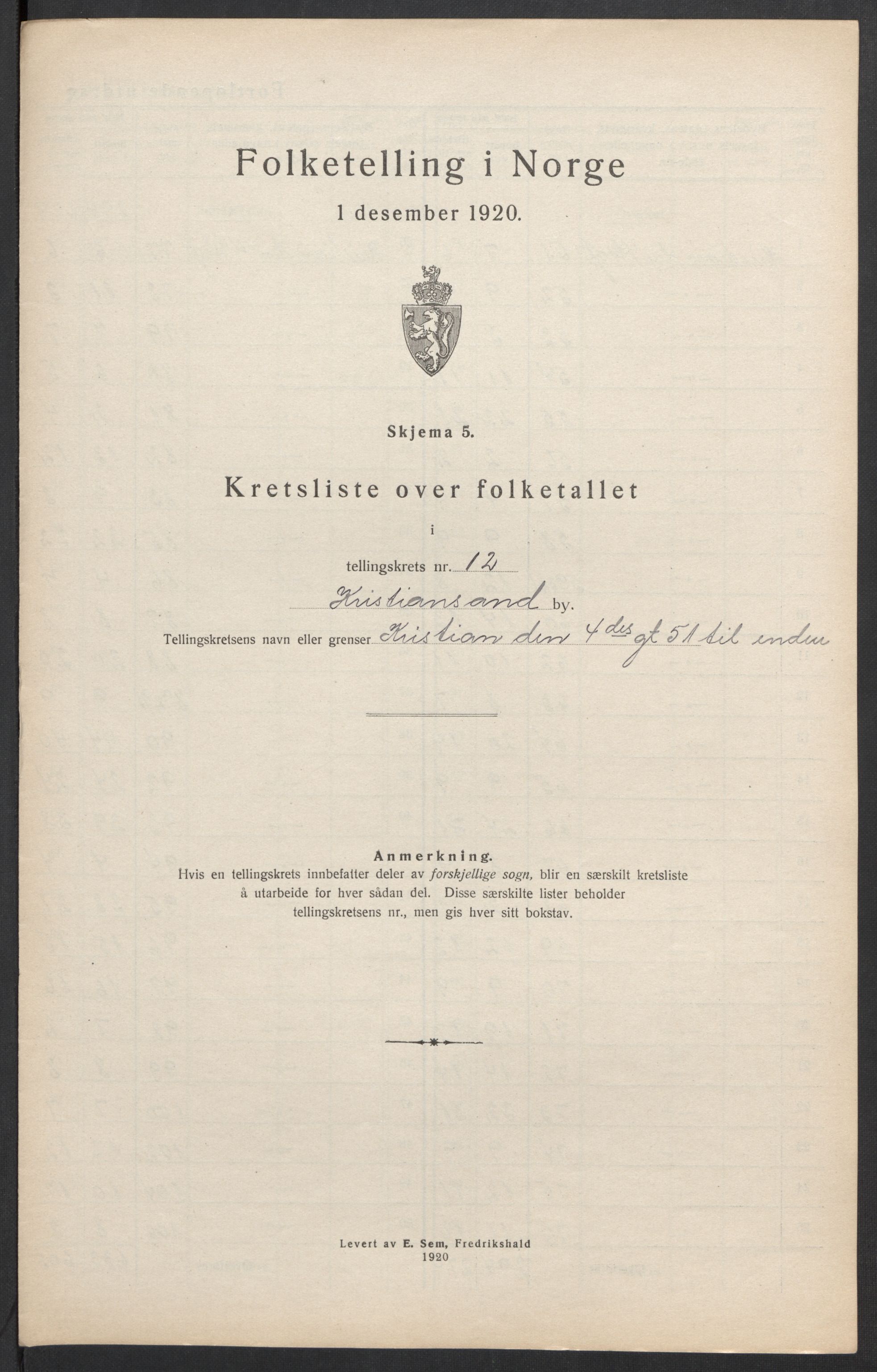 SAK, Folketelling 1920 for 1001 Kristiansand kjøpstad, 1920, s. 122