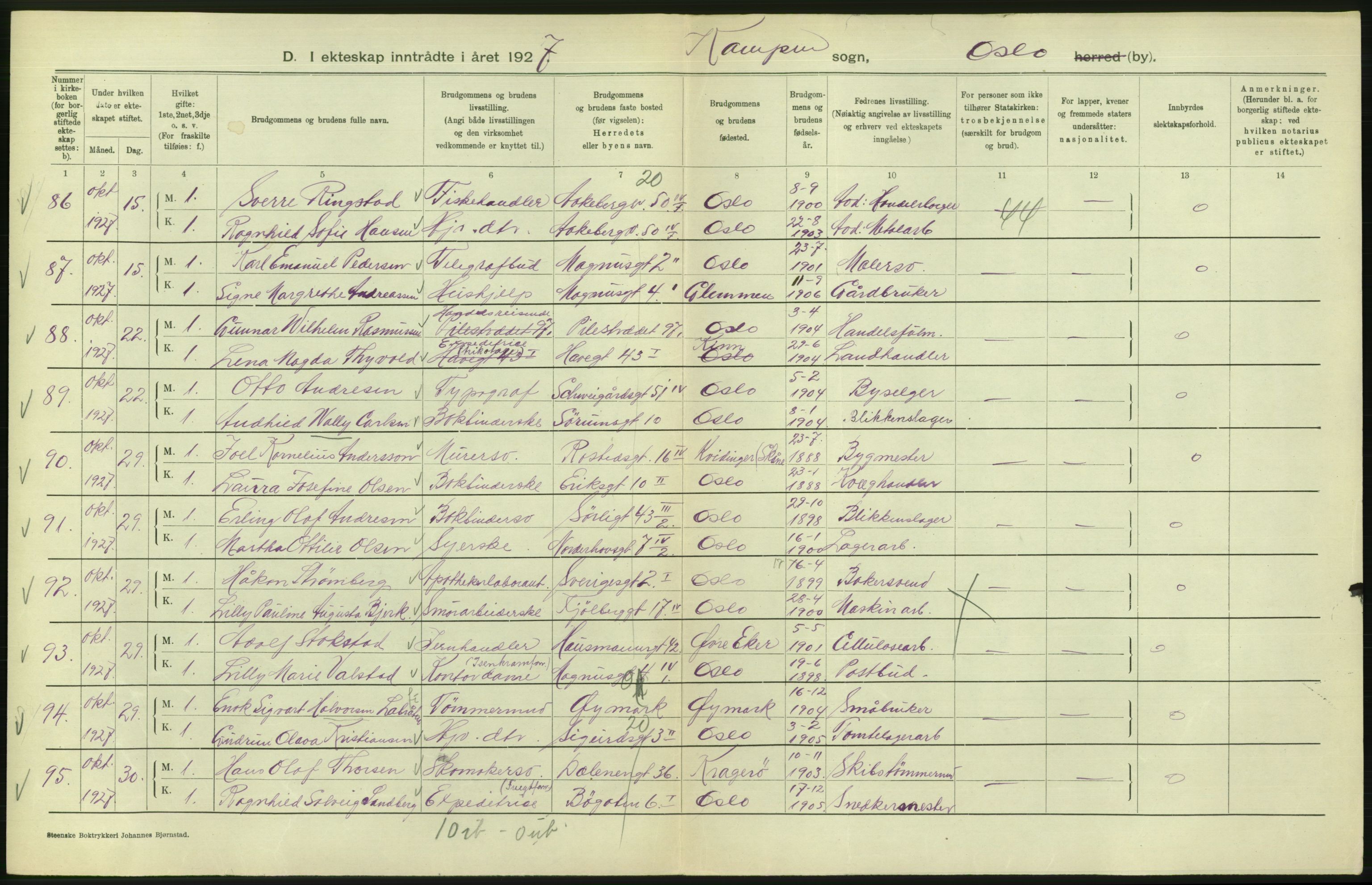 Statistisk sentralbyrå, Sosiodemografiske emner, Befolkning, AV/RA-S-2228/D/Df/Dfc/Dfcg/L0008: Oslo: Gifte, 1927, s. 642