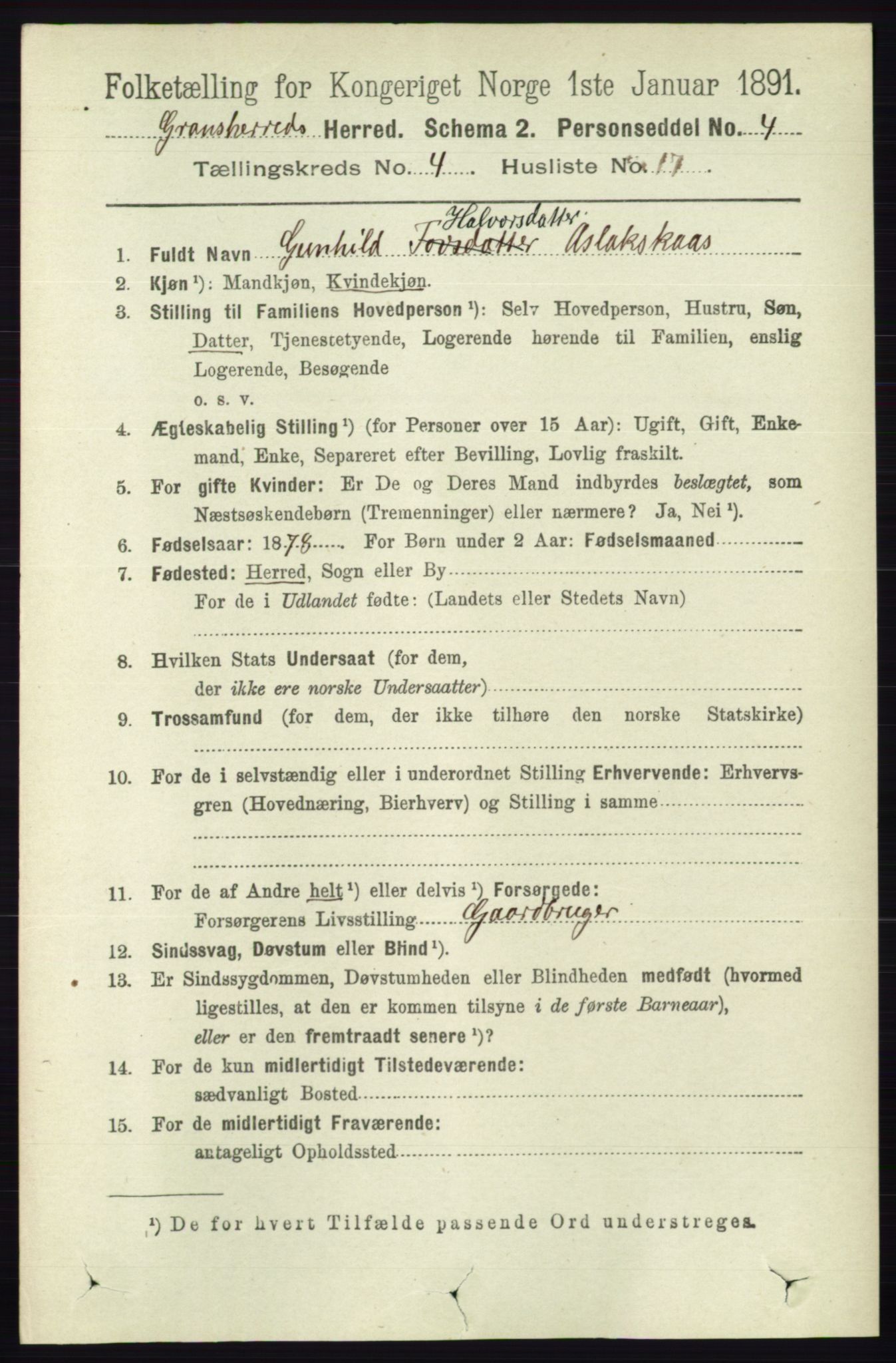 RA, Folketelling 1891 for 0824 Gransherad herred, 1891, s. 796
