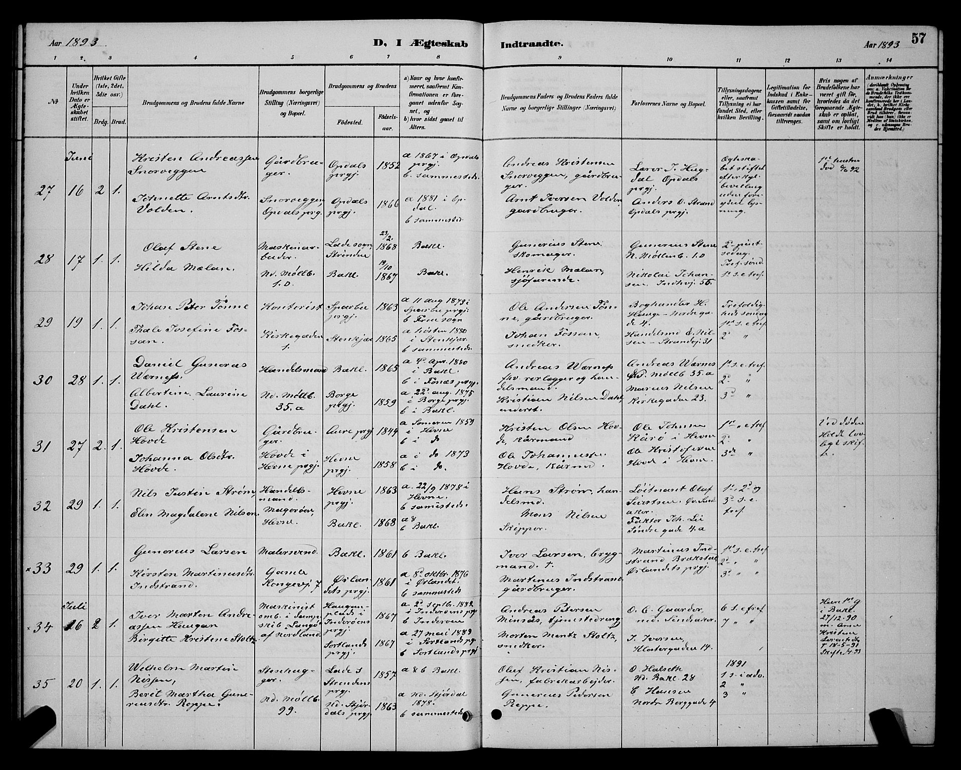 Ministerialprotokoller, klokkerbøker og fødselsregistre - Sør-Trøndelag, SAT/A-1456/604/L0223: Klokkerbok nr. 604C06, 1886-1897, s. 57