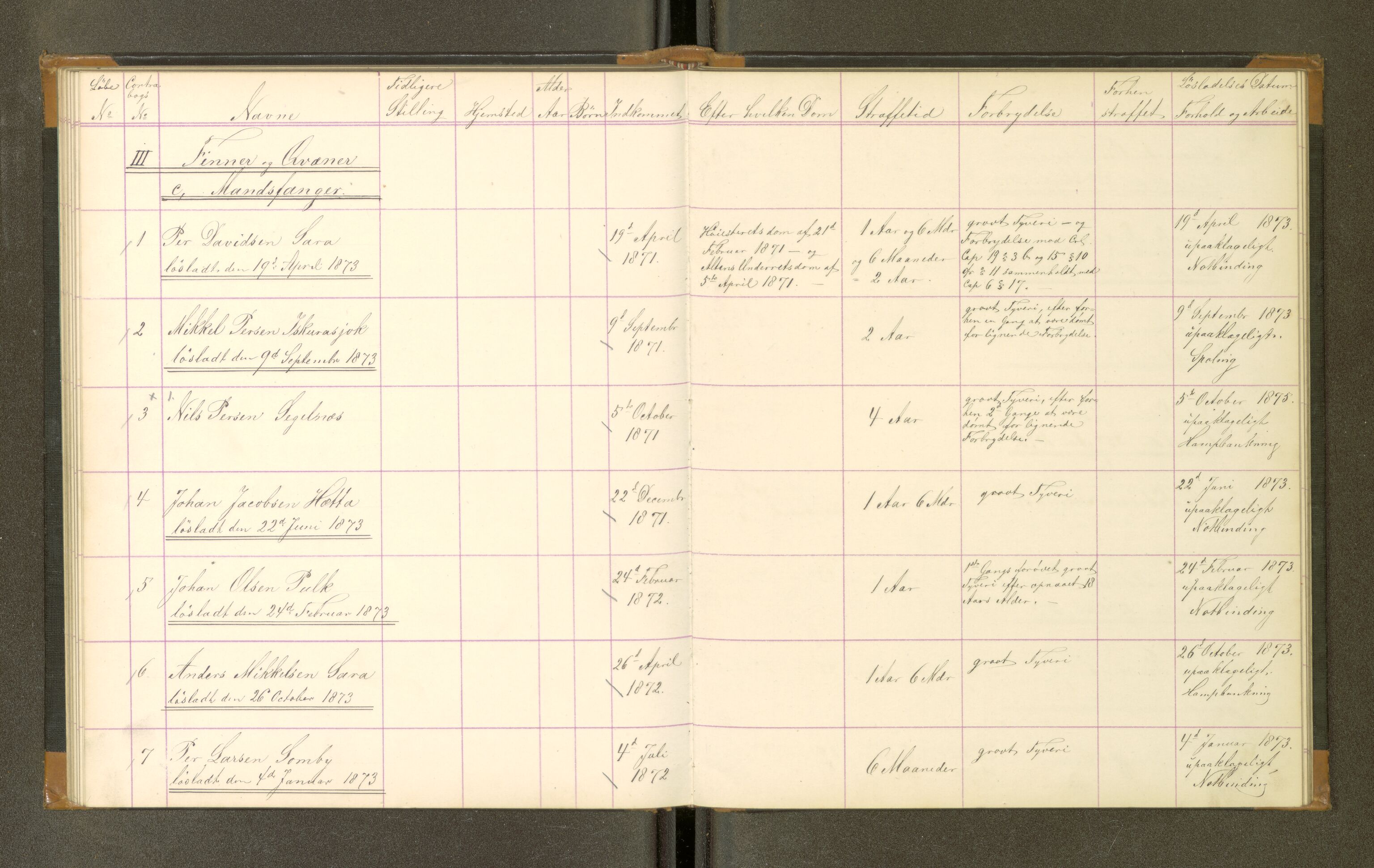 Trondheim tukthus, SAT/A-4619/05/65/L0029: 65.29 Fangeprotokoll, 1873