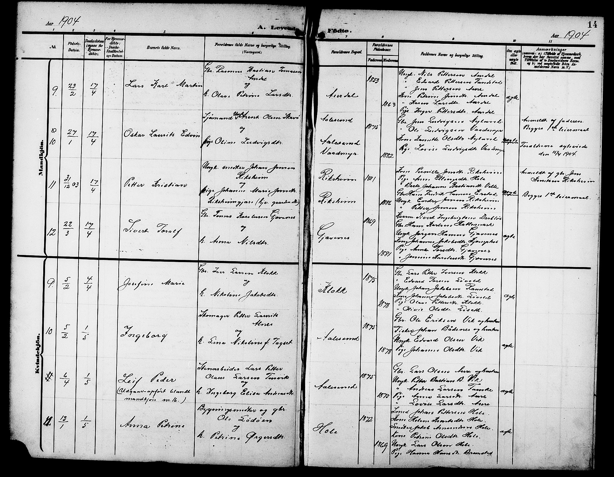 Ministerialprotokoller, klokkerbøker og fødselsregistre - Møre og Romsdal, SAT/A-1454/523/L0341: Klokkerbok nr. 523C04, 1903-1916, s. 14