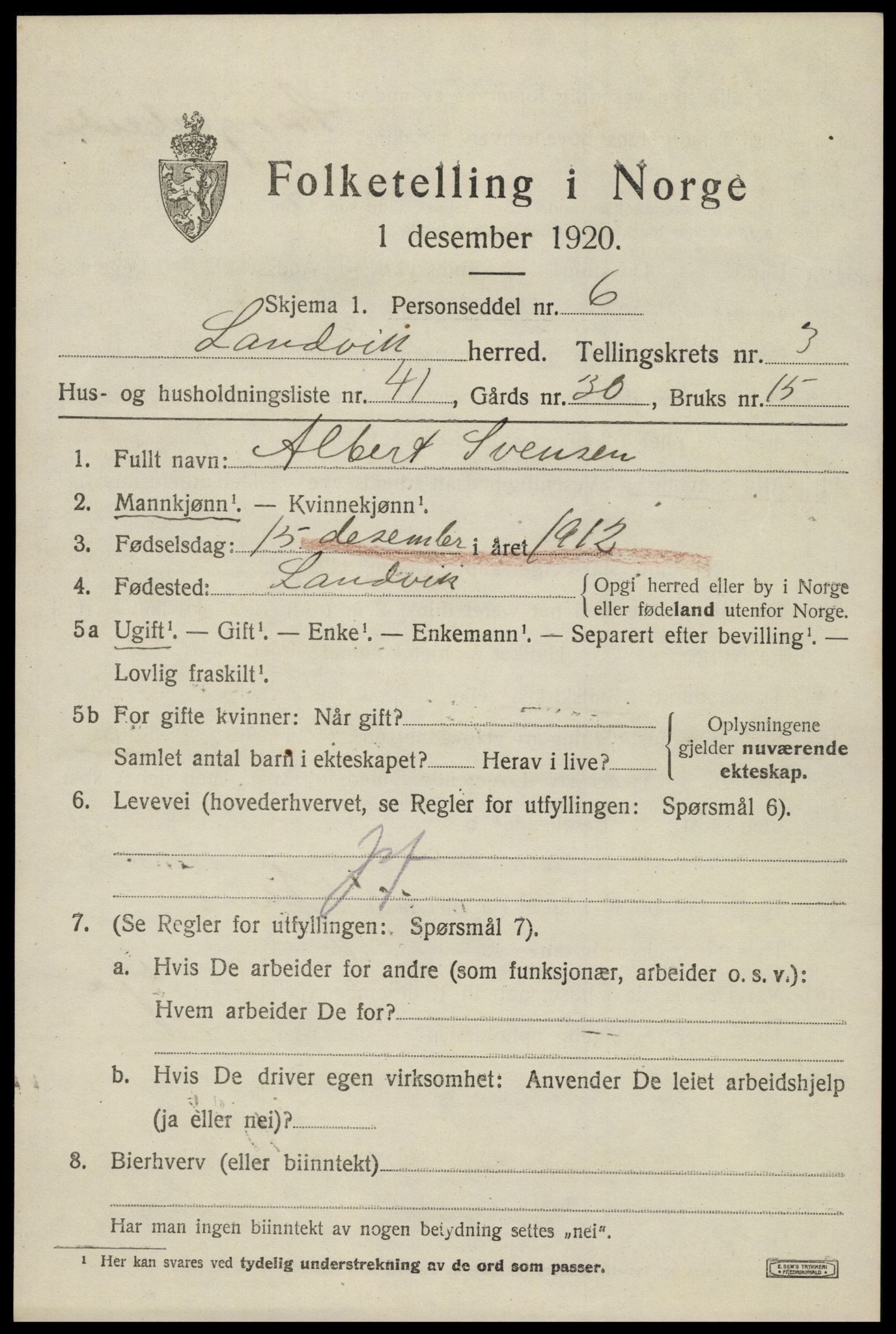 SAK, Folketelling 1920 for 0924 Landvik herred, 1920, s. 3300