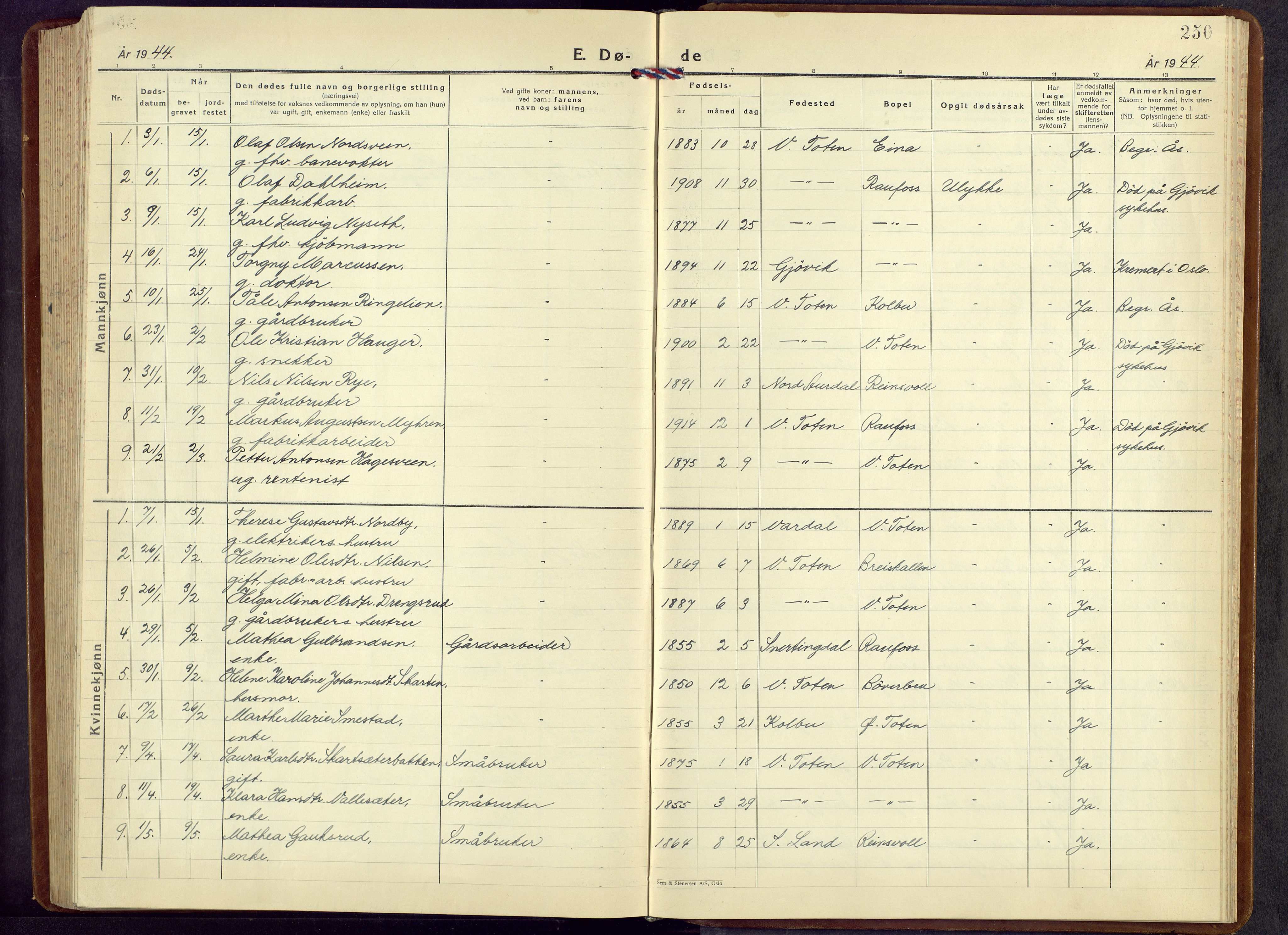 Vestre Toten prestekontor, SAH/PREST-108/H/Ha/Hab/L0013: Klokkerbok nr. 13, 1940-1956, s. 250