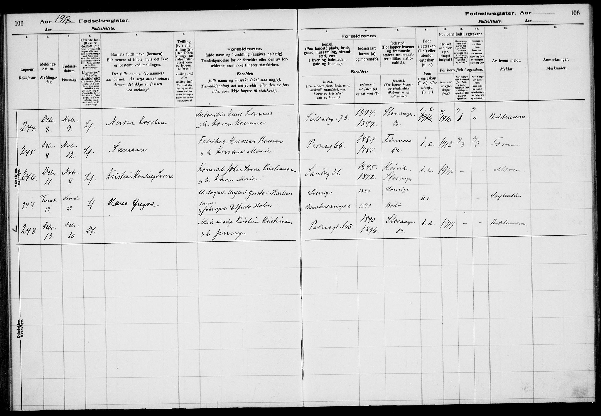 St. Johannes sokneprestkontor, AV/SAST-A-101814/002/A/L0001: Fødselsregister nr. 1, 1916-1919, s. 106