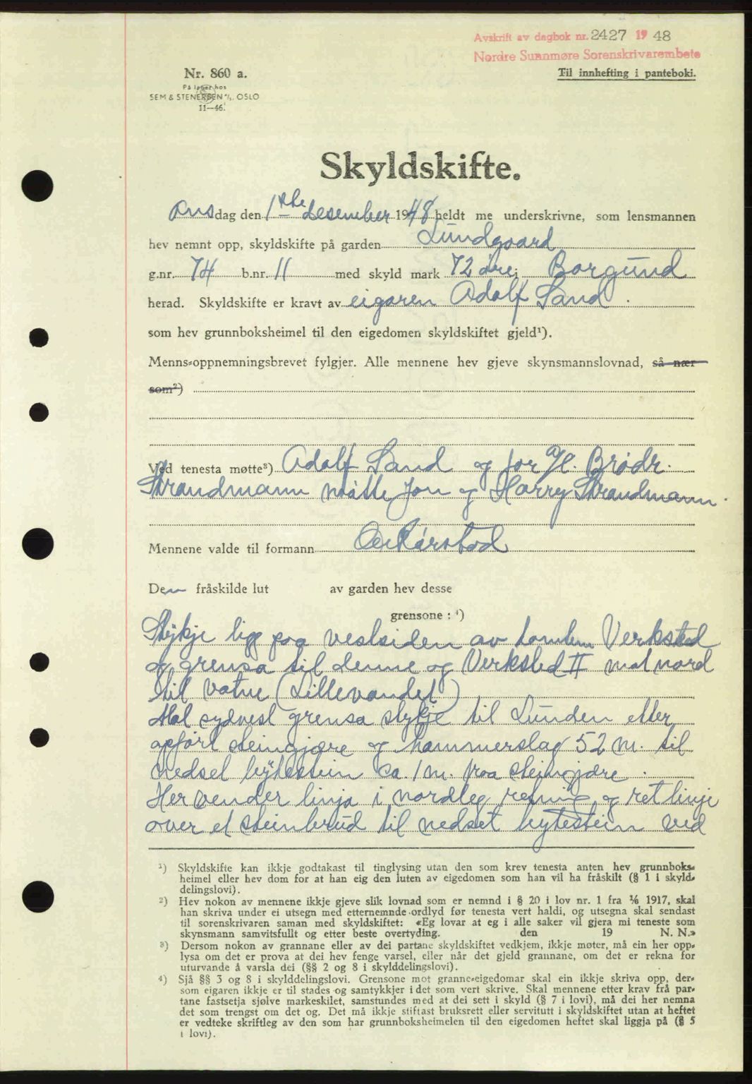 Nordre Sunnmøre sorenskriveri, AV/SAT-A-0006/1/2/2C/2Ca: Pantebok nr. A29, 1948-1949, Dagboknr: 2427/1948