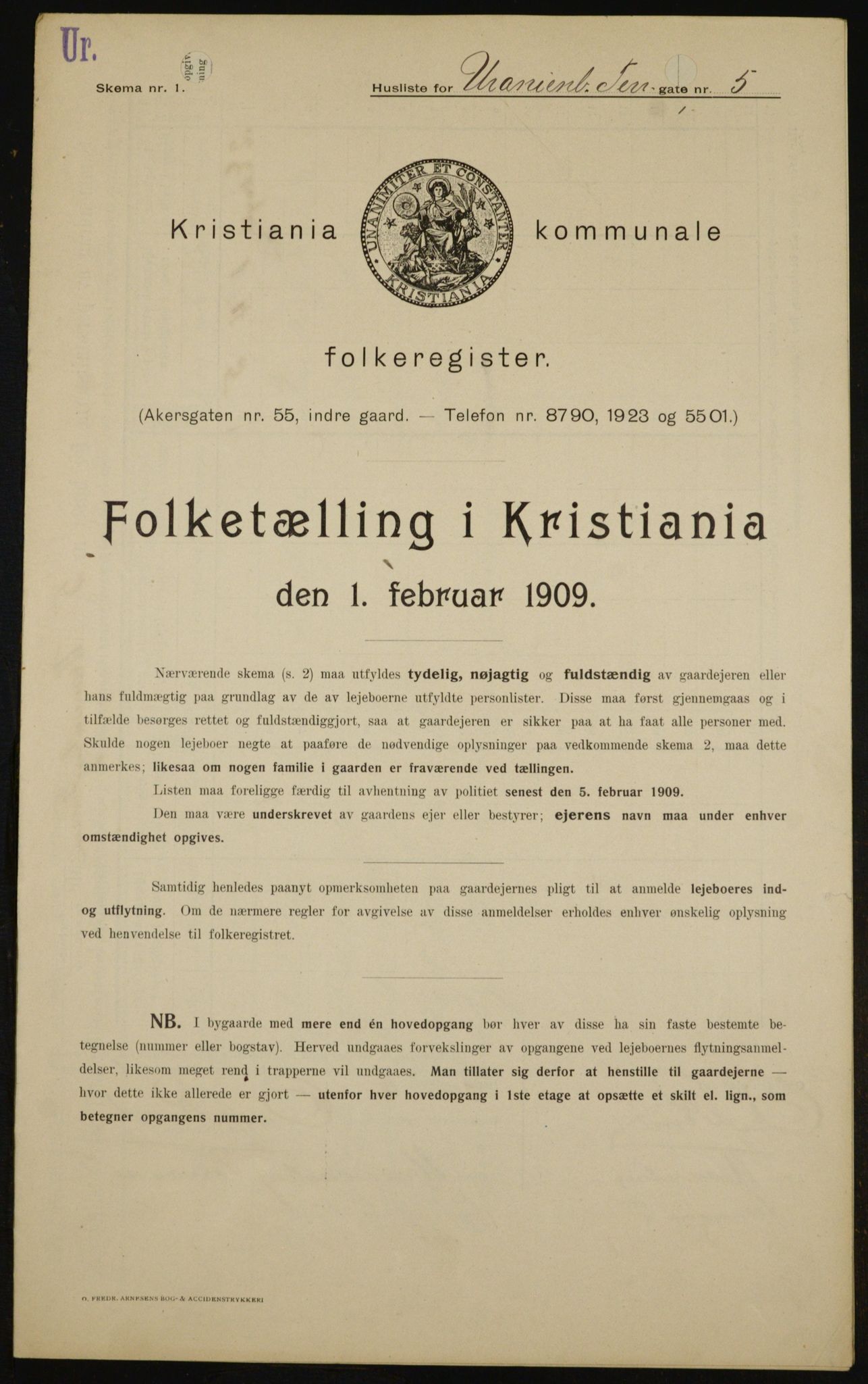 OBA, Kommunal folketelling 1.2.1909 for Kristiania kjøpstad, 1909, s. 109040