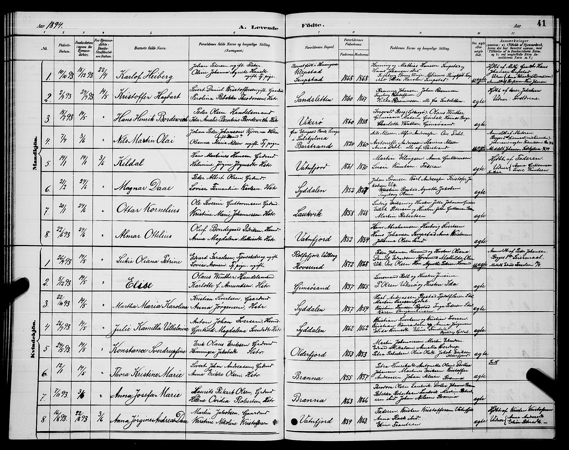 Ministerialprotokoller, klokkerbøker og fødselsregistre - Nordland, AV/SAT-A-1459/876/L1104: Klokkerbok nr. 876C03, 1886-1896, s. 41