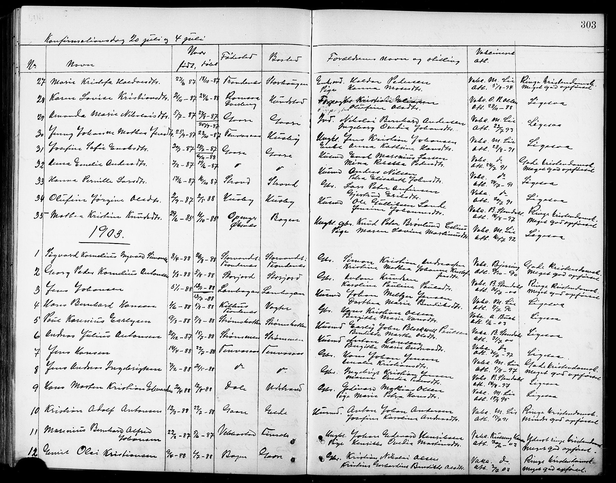 Kvæfjord sokneprestkontor, AV/SATØ-S-1323/G/Ga/Gab/L0005klokker: Klokkerbok nr. 5, 1886-1911, s. 303