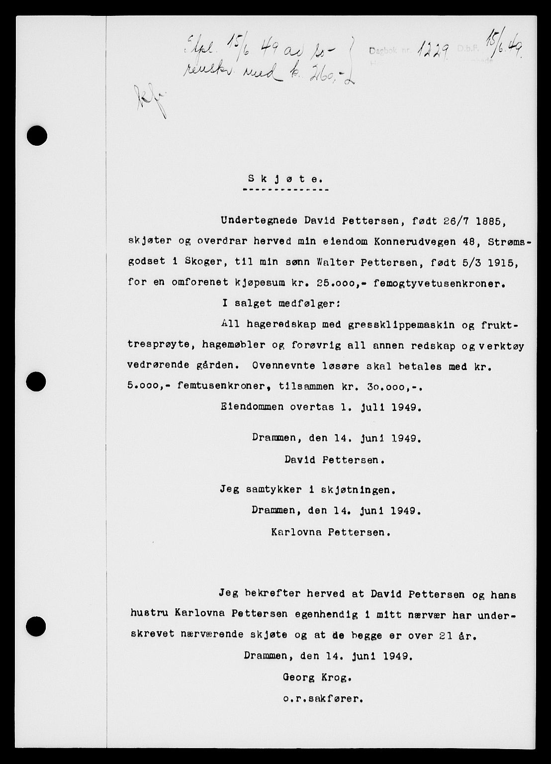 Holmestrand sorenskriveri, SAKO/A-67/G/Ga/Gaa/L0066: Pantebok nr. A-66, 1949-1949, Dagboknr: 1229/1949