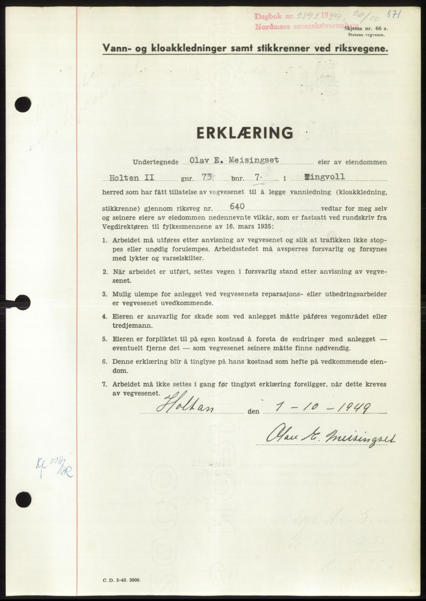 Nordmøre sorenskriveri, SAT/A-4132/1/2/2Ca: Pantebok nr. B102, 1949-1949, Dagboknr: 2892/1949