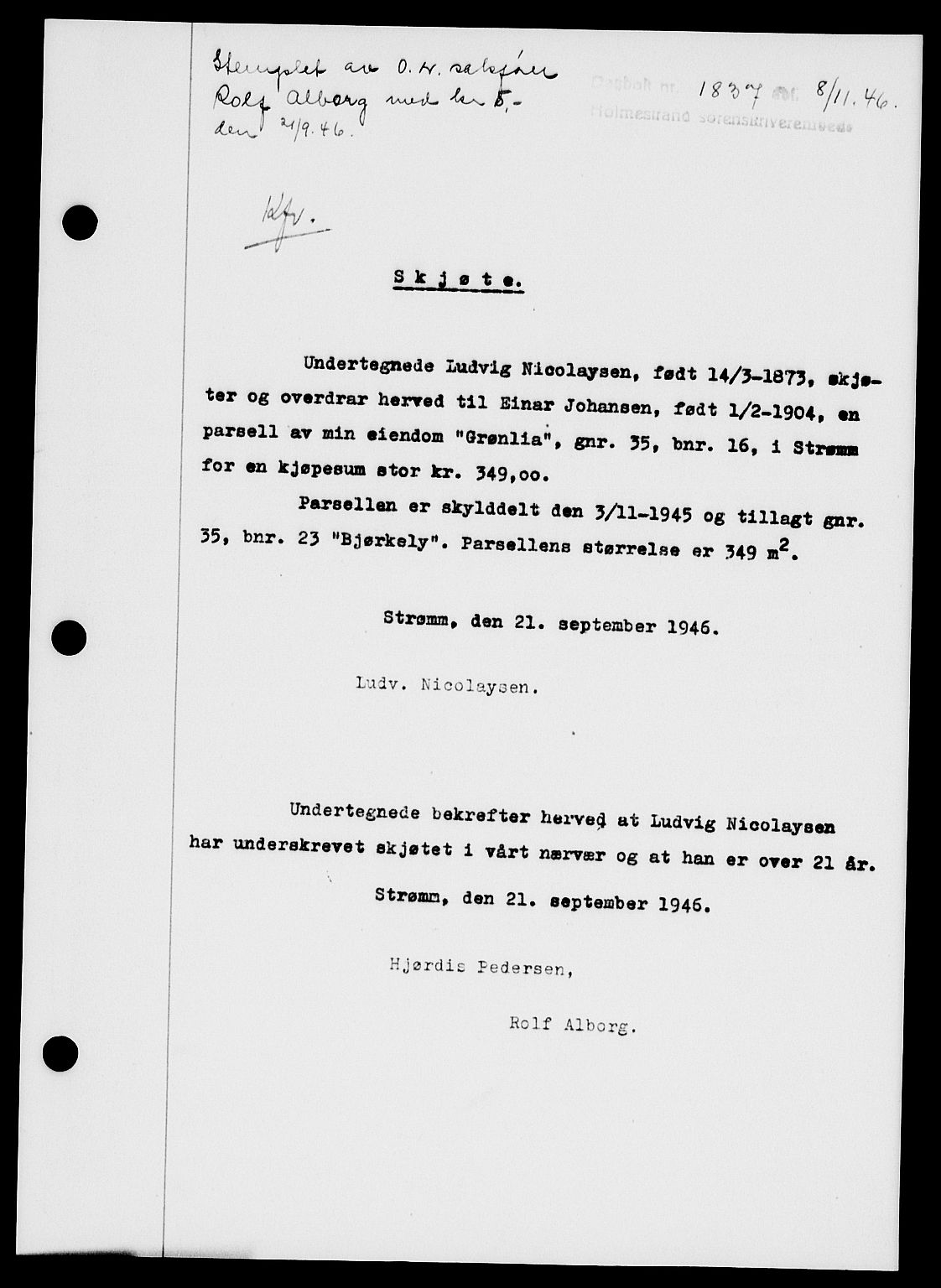 Holmestrand sorenskriveri, SAKO/A-67/G/Ga/Gaa/L0061: Pantebok nr. A-61, 1946-1947, Dagboknr: 1837/1946